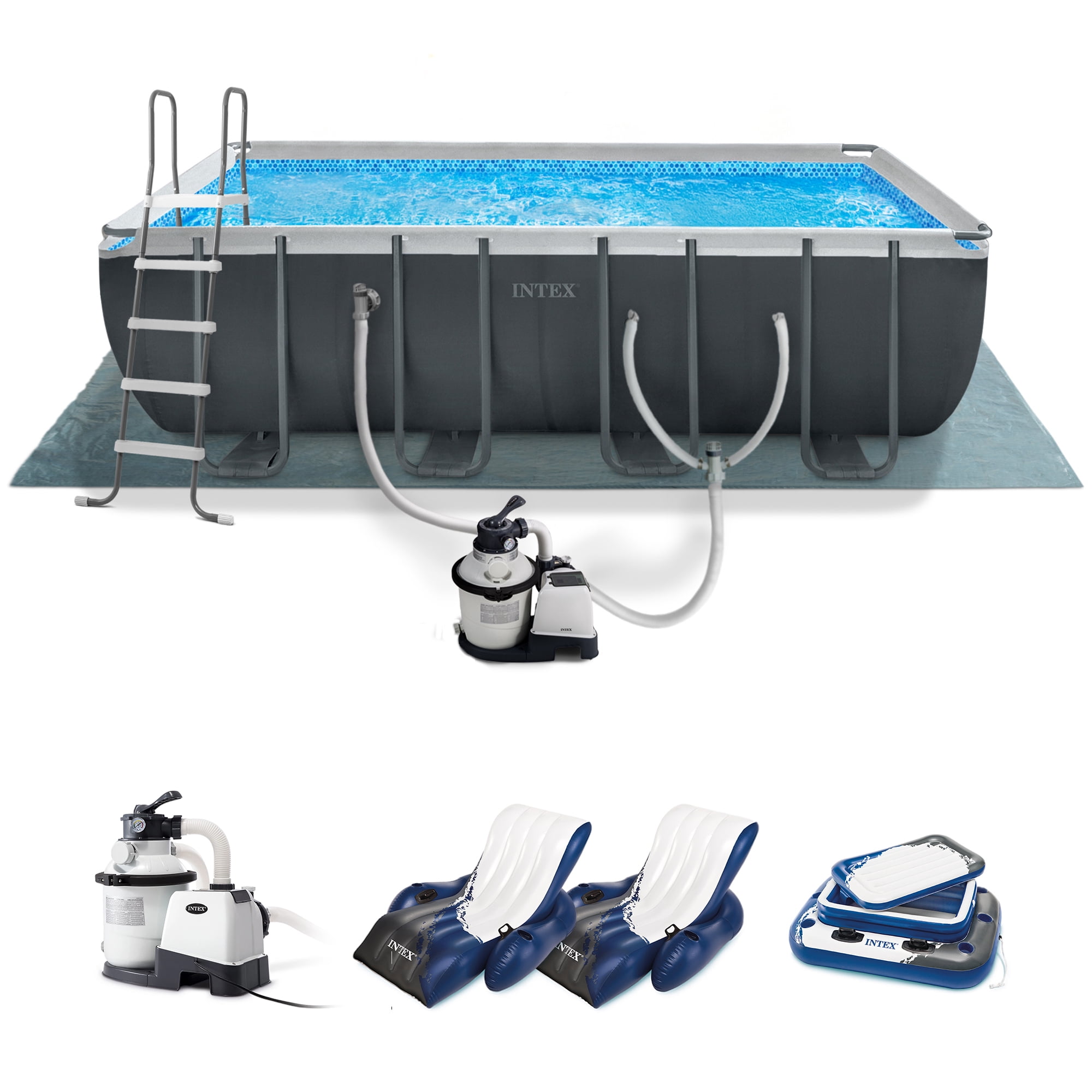 Intex Ultra XTR Above Ground Swimming Pool Set with Floating Recliners and Inflatable Cooler (18 ft x 9 ft x 52 in) 82fut