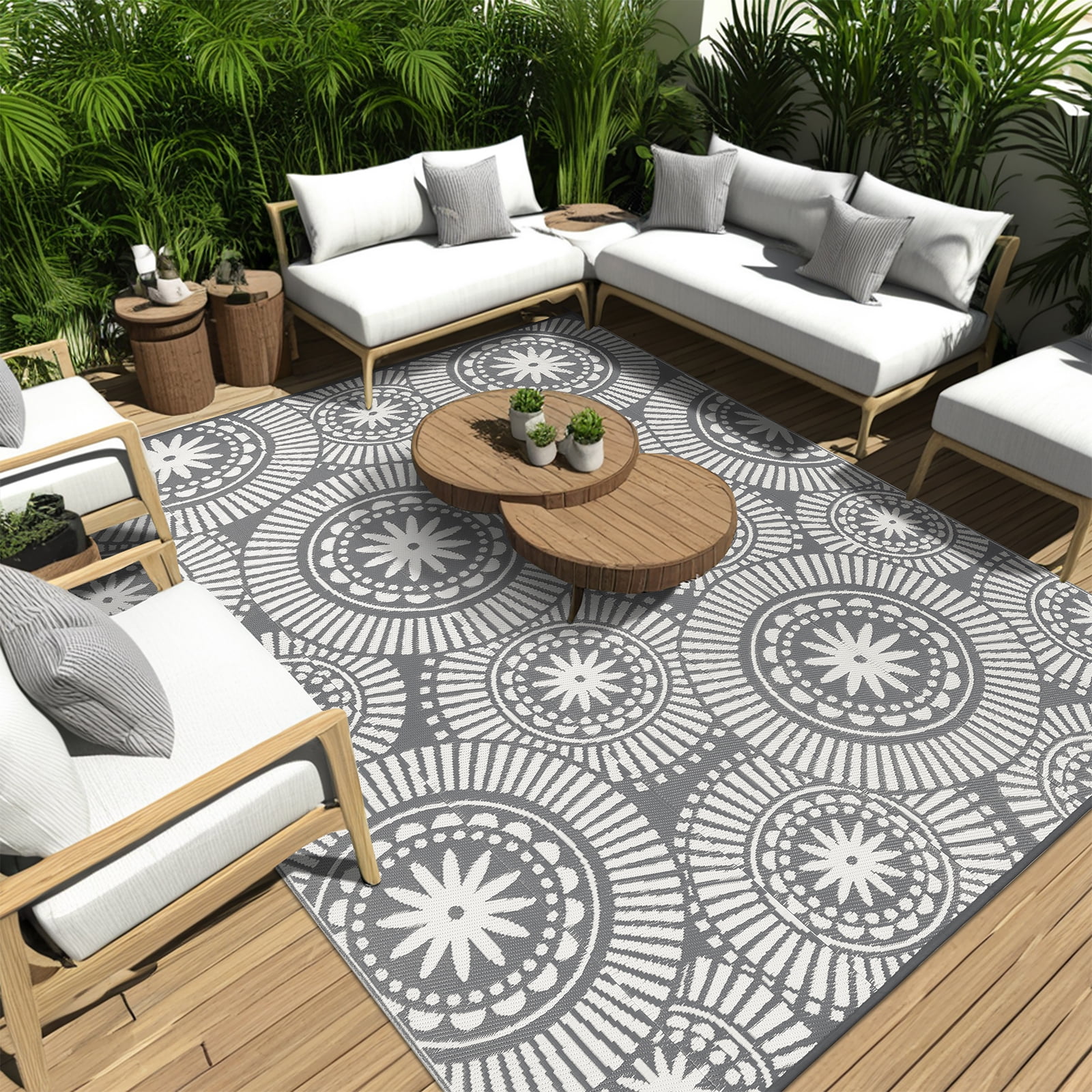 Ileading Reversible Outdoor Rug Floral Waterproof Patio Carpet (Grey, 6 ft Round) dj9ak