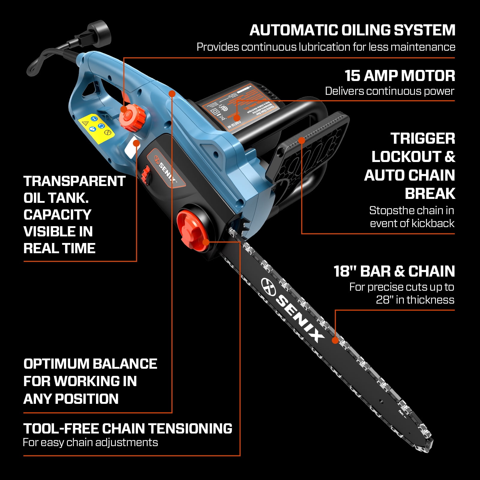 Senix 15 Amp Electric Corded Chainsaw with 18 in Oregon Bar and Chain (18 in) ocd0e