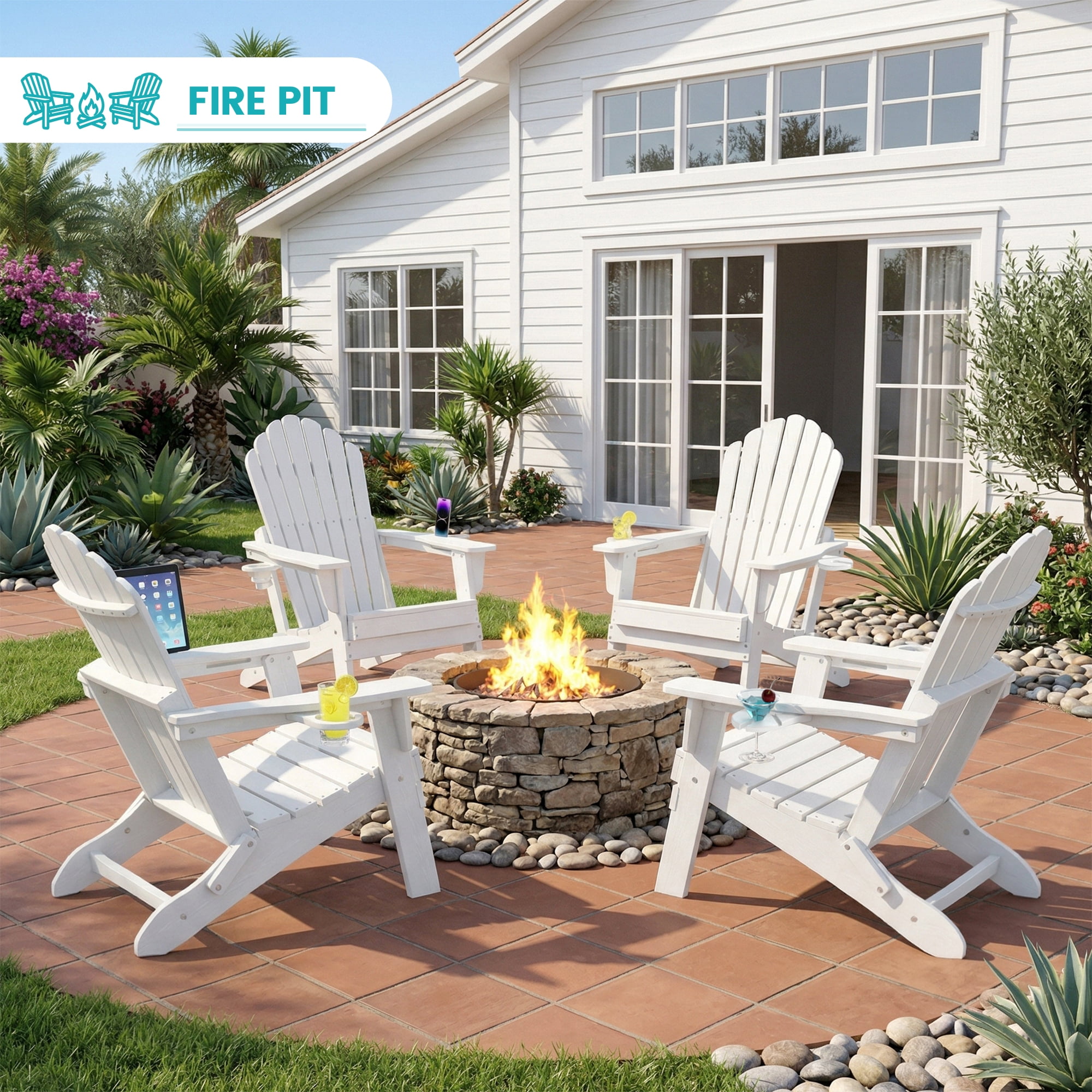 Cobiod Oversized Folding Adirondack Chairs, All-Weather HDPE Patio Seating with Dual Cup Holders (White, Set of 4) lss5e