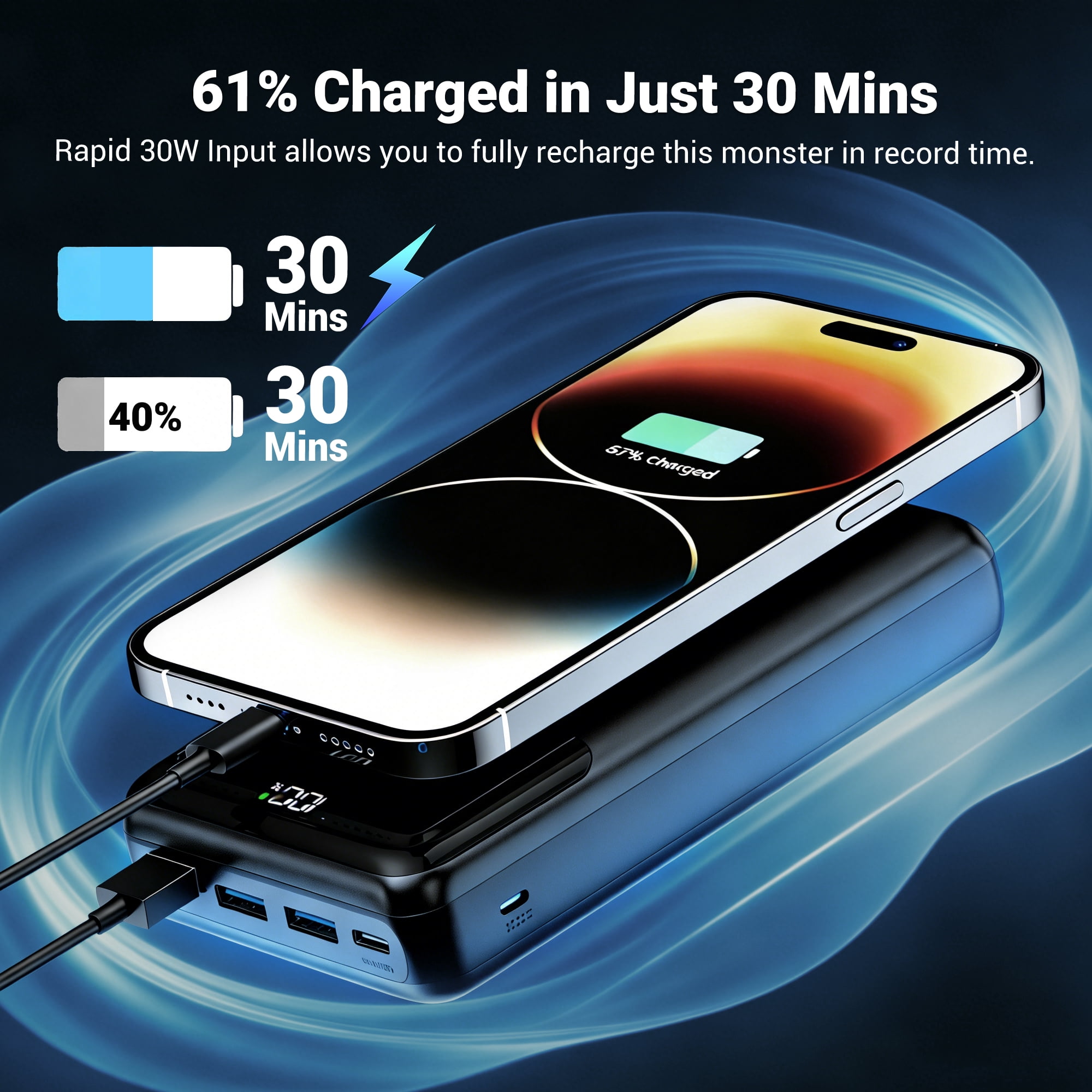 Tilnce 50000mAh Portable Power Bank (30W PD Fast Charging, Black, 1 Pack) q28a4