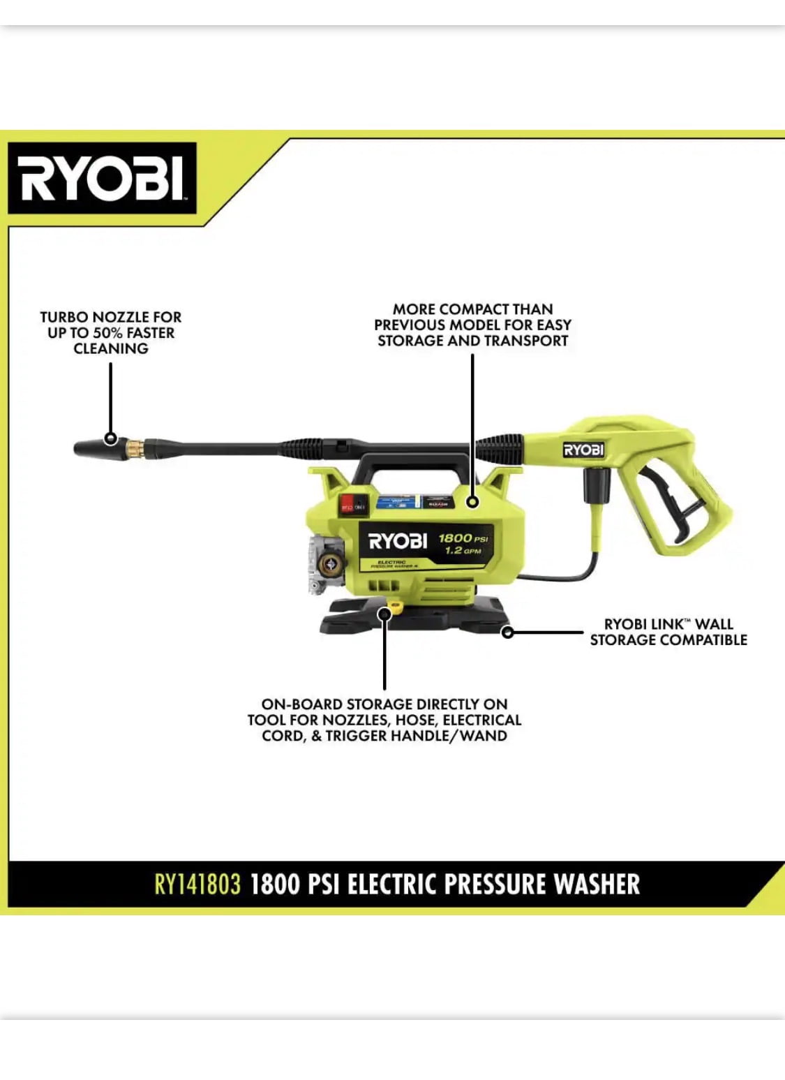 Ryobi 1800 PSI 1.2 GPM Electric Pressure Washer (Compact Corded Design) 5hick