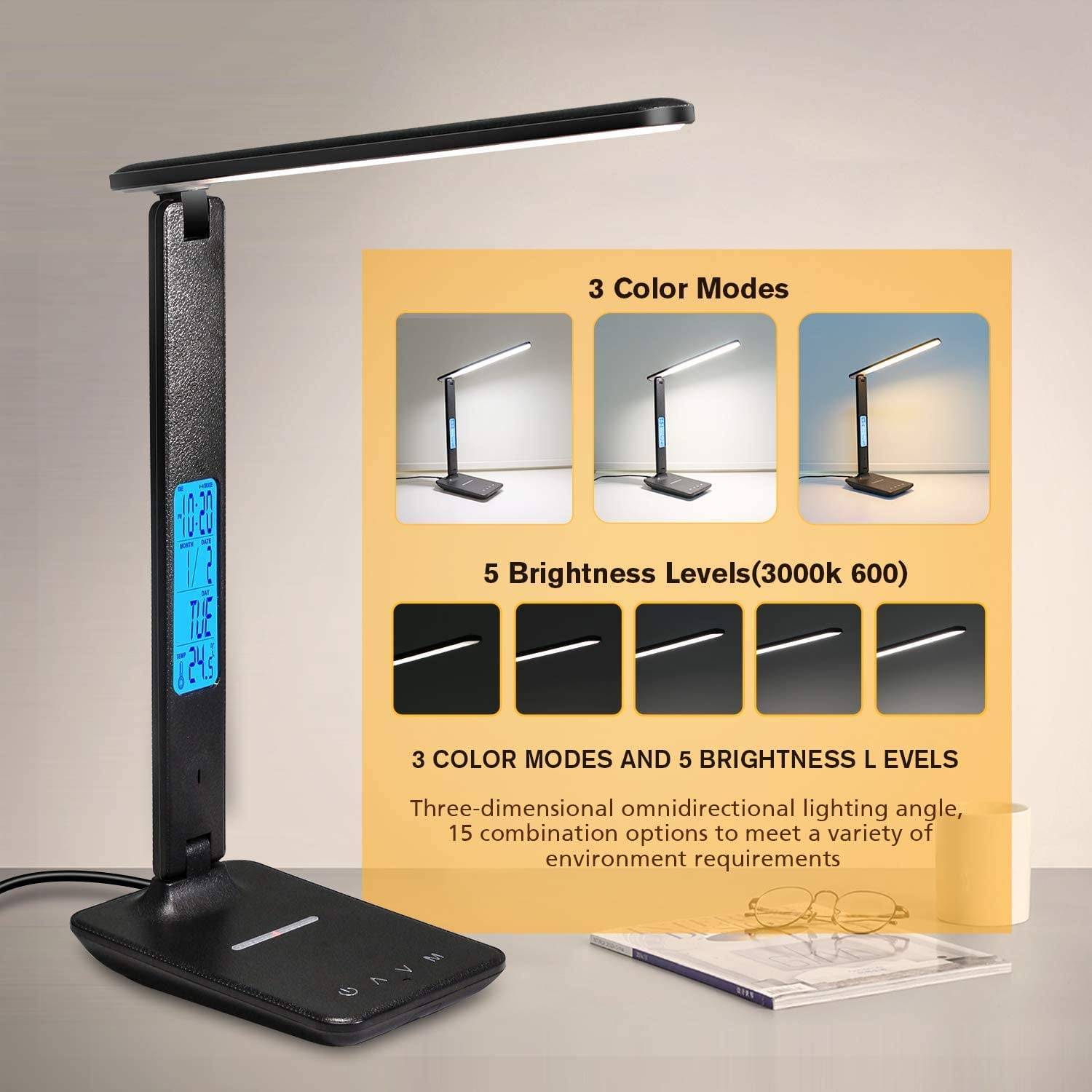 Lococo LED Desk Lamp with Wireless Charger and USB Port, Foldable Office Light with Clock and Alarm (Black, 1 Pack) bxw6e