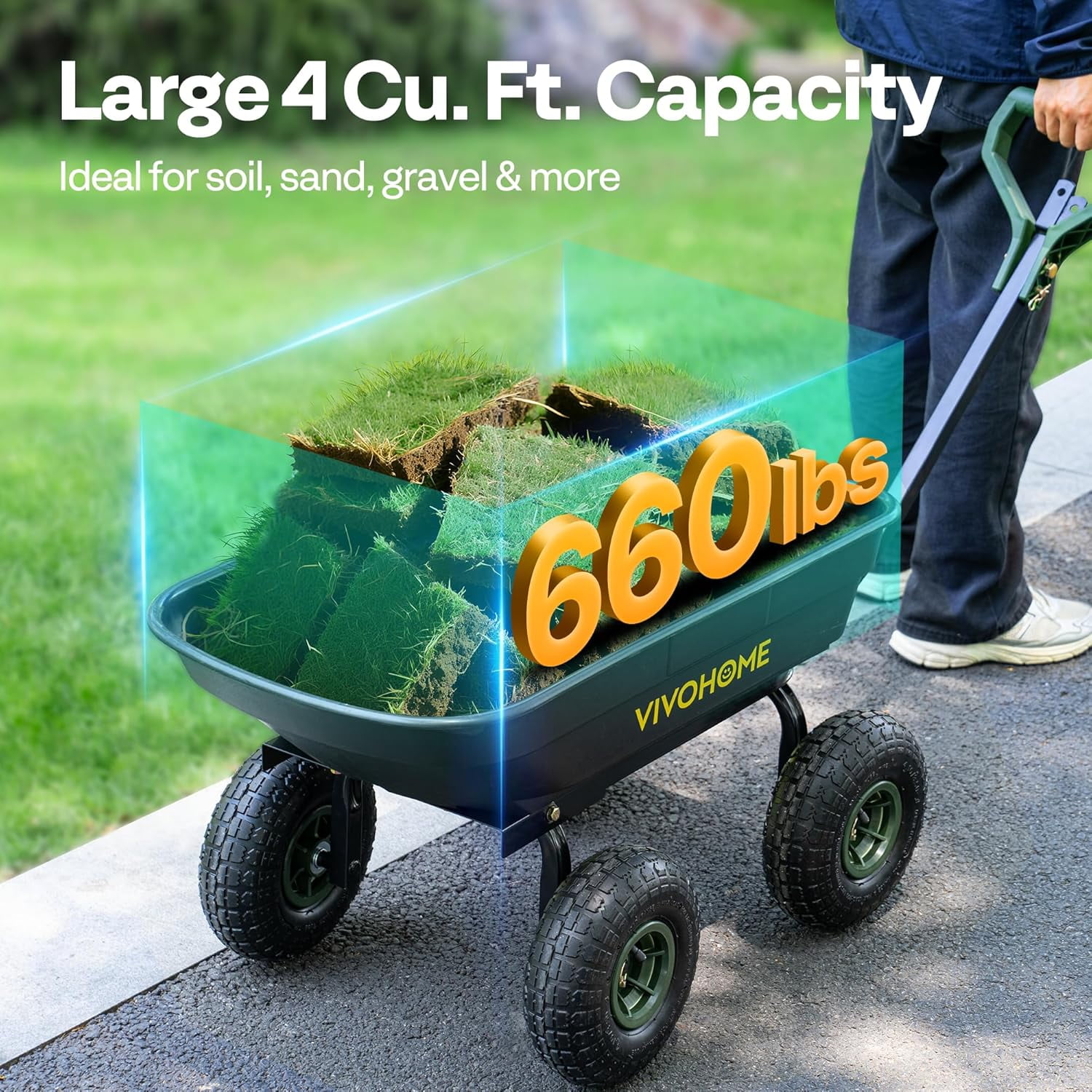 SPECSTAR Heavy-Duty Garden Dump Cart, Utility Wagon with 2-in-1 Convertible Handle and 10-in All-Terrain Wheels (Black, 660 lb) whq95