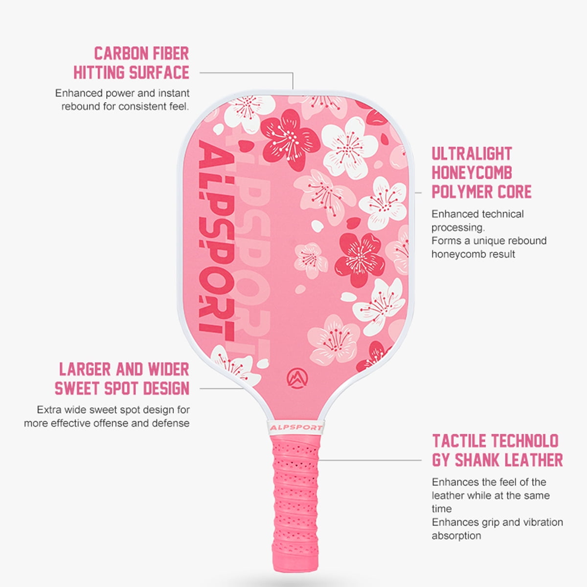 SALYWEE Sakura Pickleball Paddle, Carbon Fiber Surface with Honeycomb Polymer Core, Professional Spin and Control (Pink, 15.75 in x 7.87 in) u67my