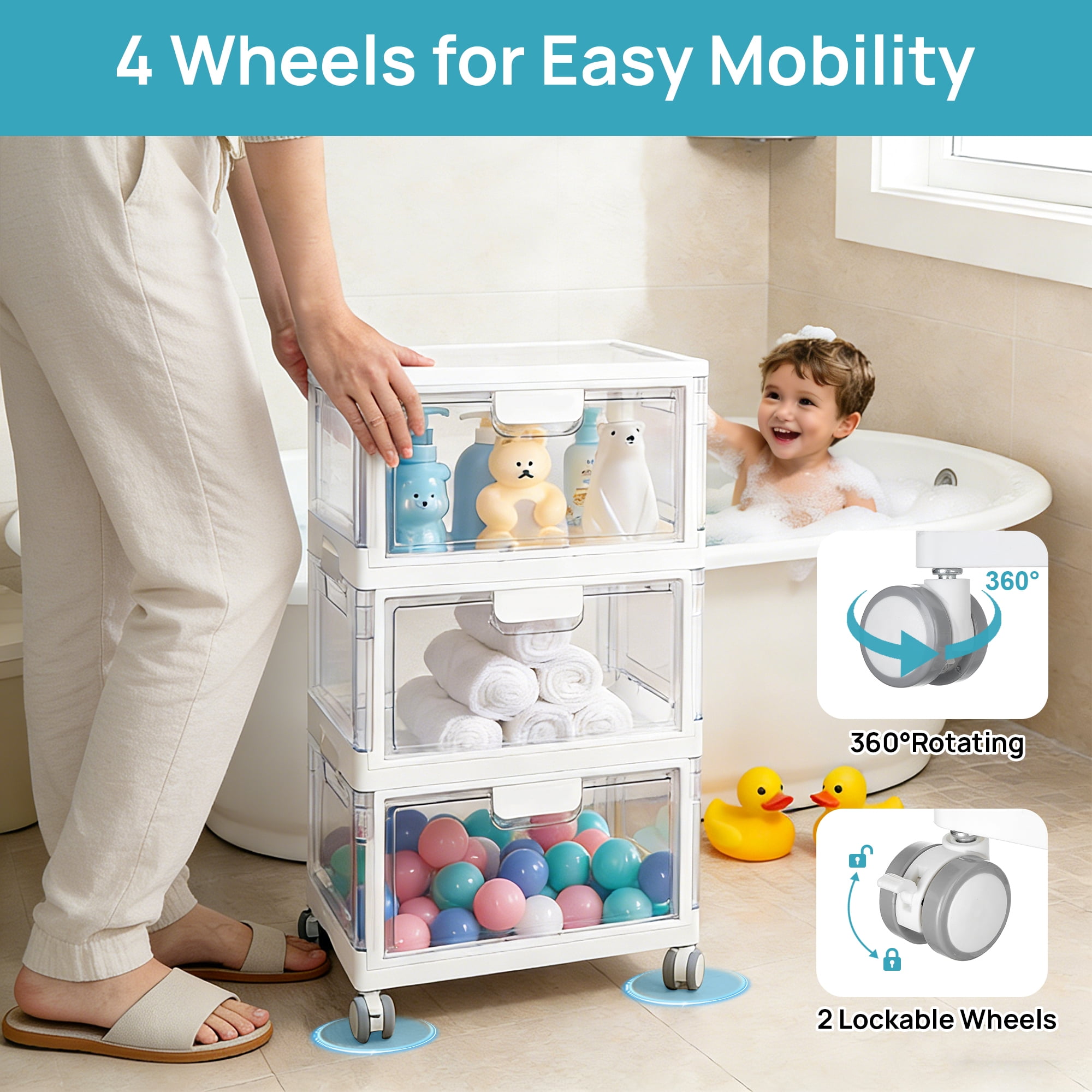Sindcom 3-Layer Stackable Storage Bins, Foldable Large Organizer with Lids and Wheels (White, 72 qt) 51ap9