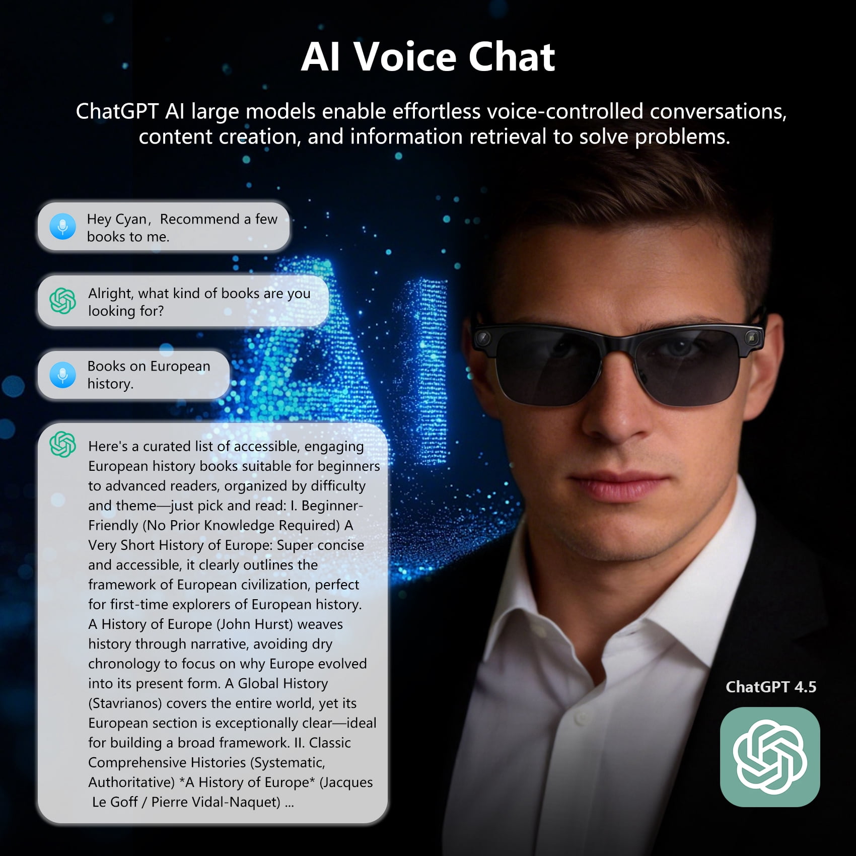 Blackview AI Smart Glasses with 1080P Camera, Real-Time Translation, and Polarized Lenses (Black, One Size) 7smet