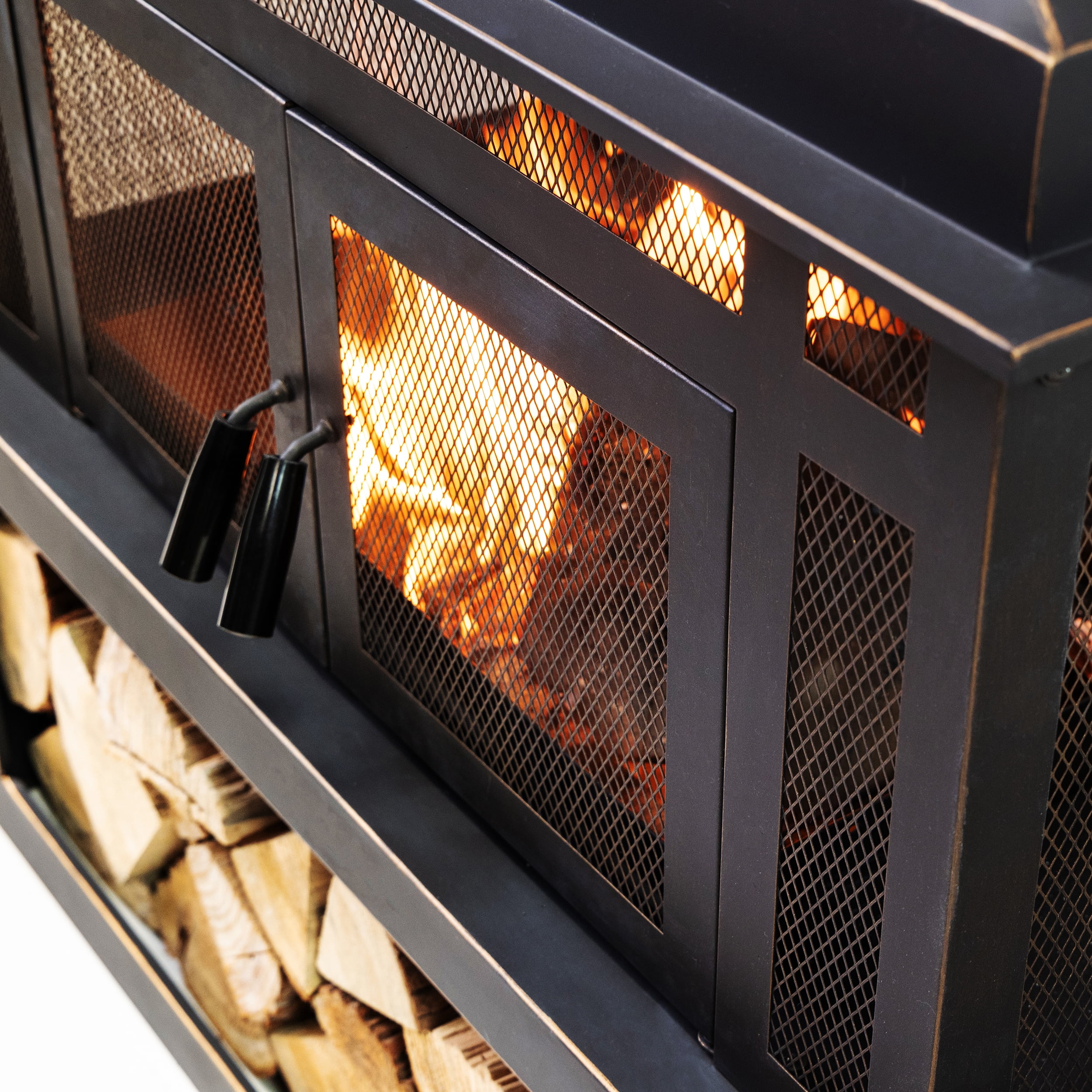 Deko Living Rectangular Outdoor Wood Burning Fire Pit with Log Storage and Side Tables (80 in x 21.65 in) or0ag