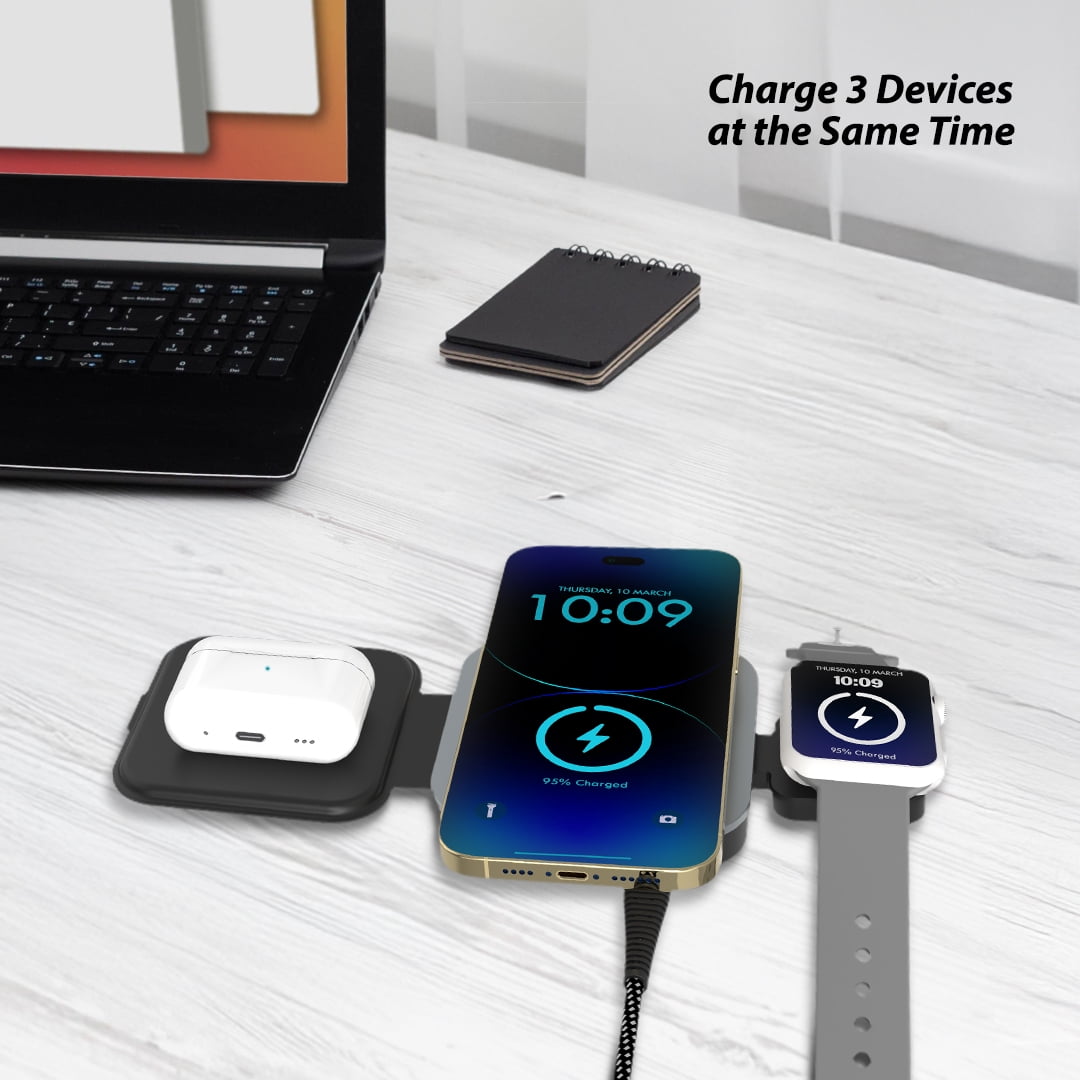 BLUESTONE 3-in-1 Magnetic Wireless Charging Station for Smartphone Apple Watch and AirPods (Grey, 1 Pack) uorcu
