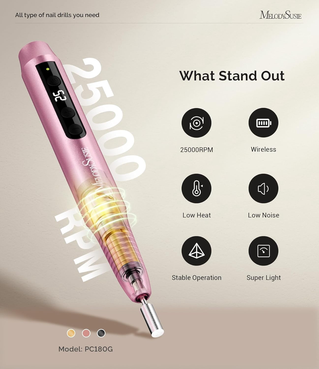 MelodySusie Cordless Electric Nail Drill, 25,000 RPM Portable E-file Kit for Manicure and Pedicure (Pink, 0.17 lb) gs2r0