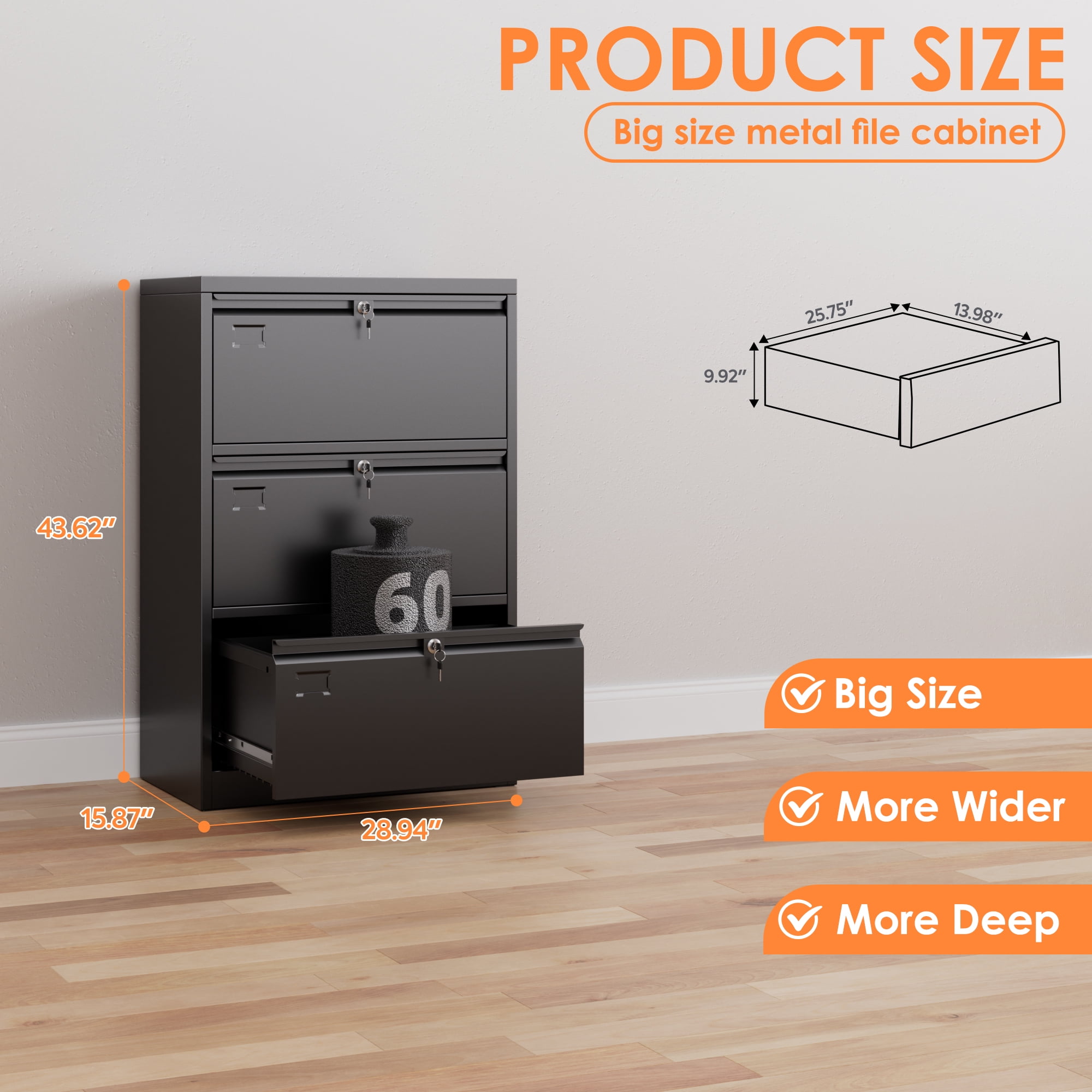 GangMei 3-Drawer Metal Lateral File Cabinet with Individual Locks and Hanging Folder Rails (Black) pyuz5