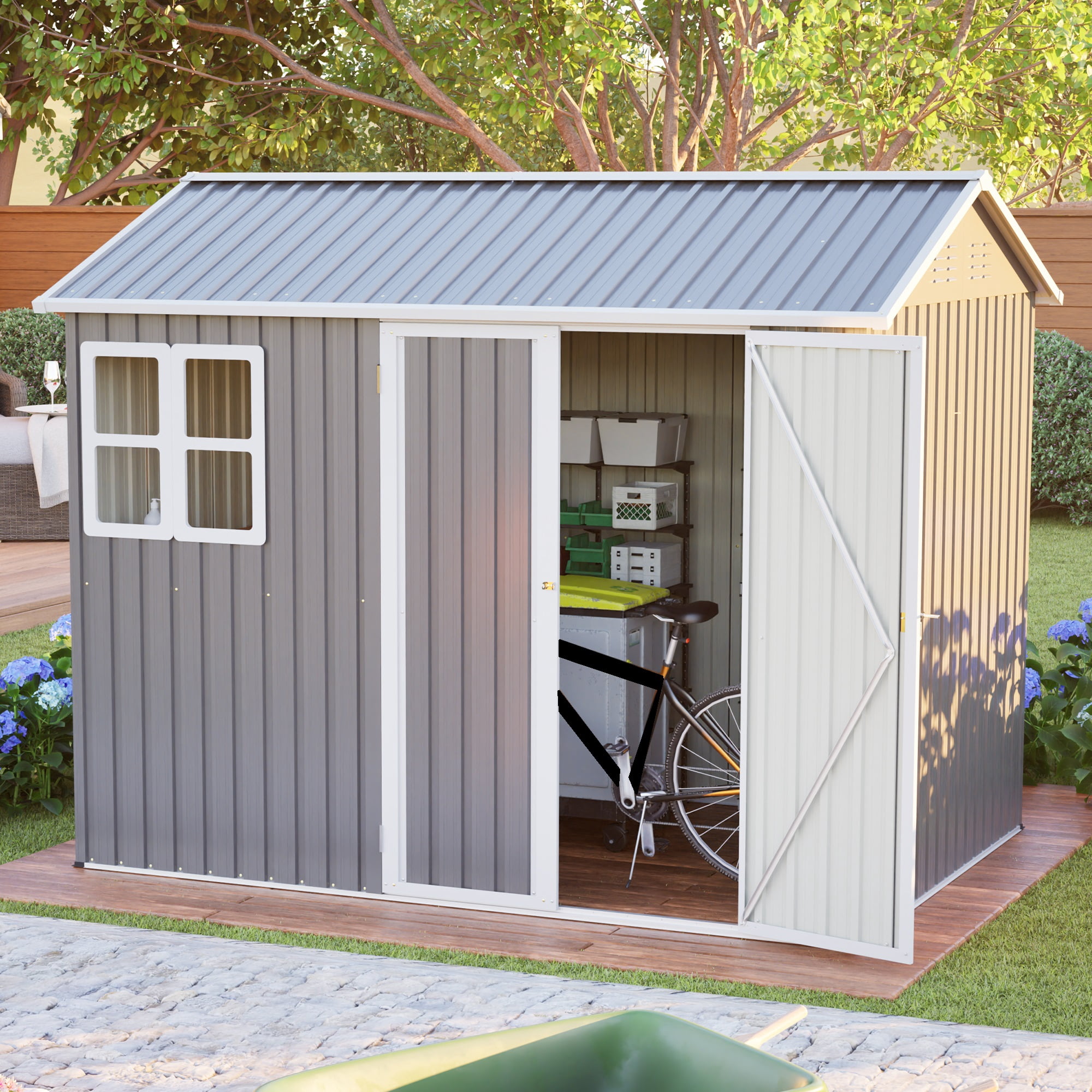 Roninkier Large Galvanized Steel Storage Shed with Lockable Double Doors and Window (Dark Gray, 8x6 ft) 6k2hq