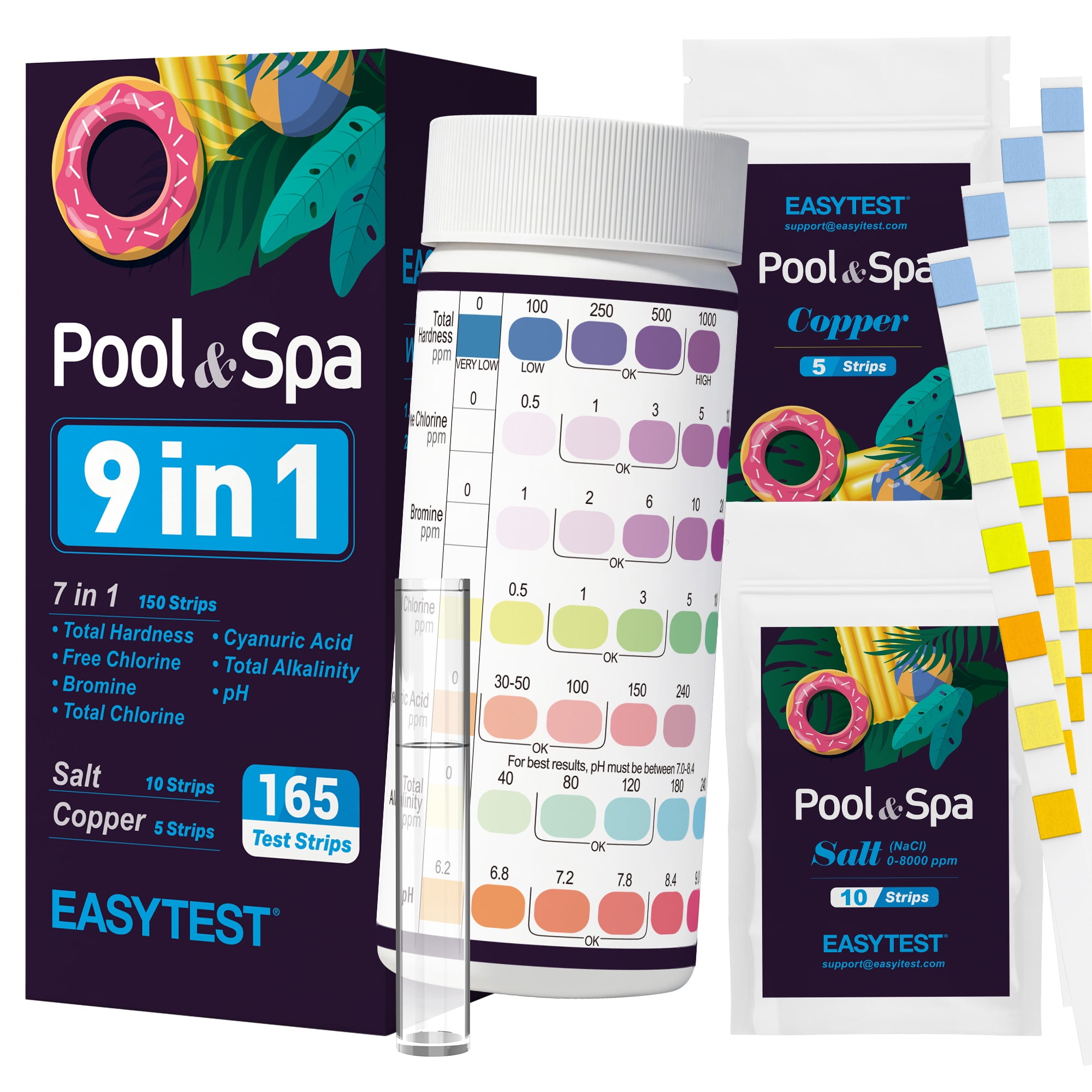 EASYTEST 9-Way Pool Test Strips for Swimming Pool, Hot Tub, and Spa Water Quality Monitoring (165 Strips) wujwm