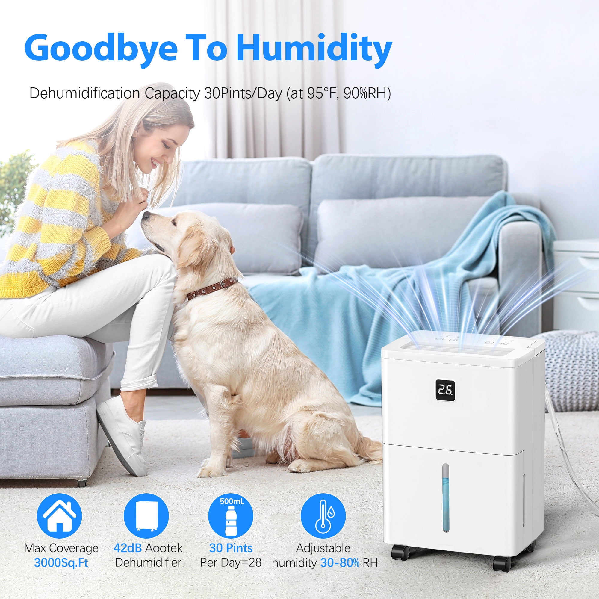 Aootek MAX Dehumidifier for Basements and Large Spaces up to 3000 Sq. Ft (White, 30 Pints) z7d9b
