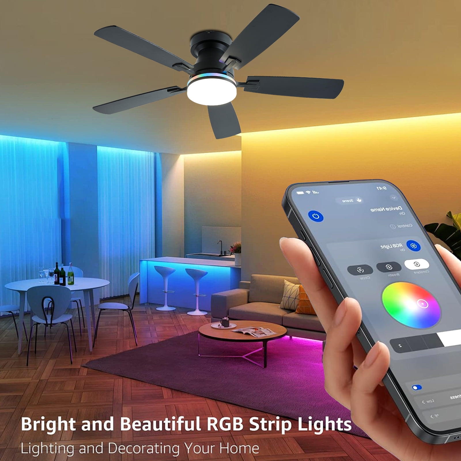 JSAITEE 48 in Low Profile Ceiling Fan with Light and Remote Control (Black, 48 in) 79ydt