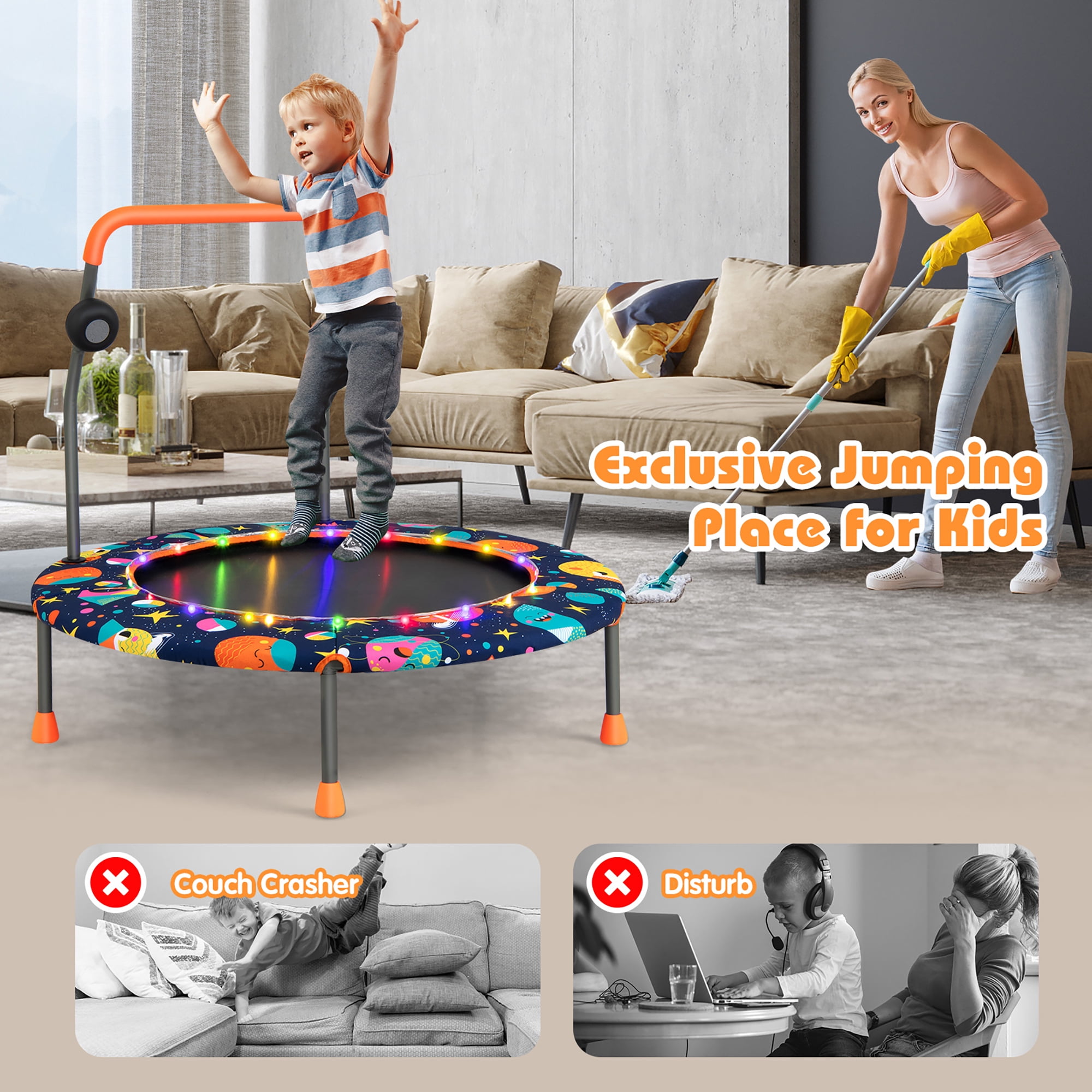 Costway 36 in Mini Toddler Trampoline with LED Lights and Bluetooth Speaker (Blue, 36 in) 8p6xt