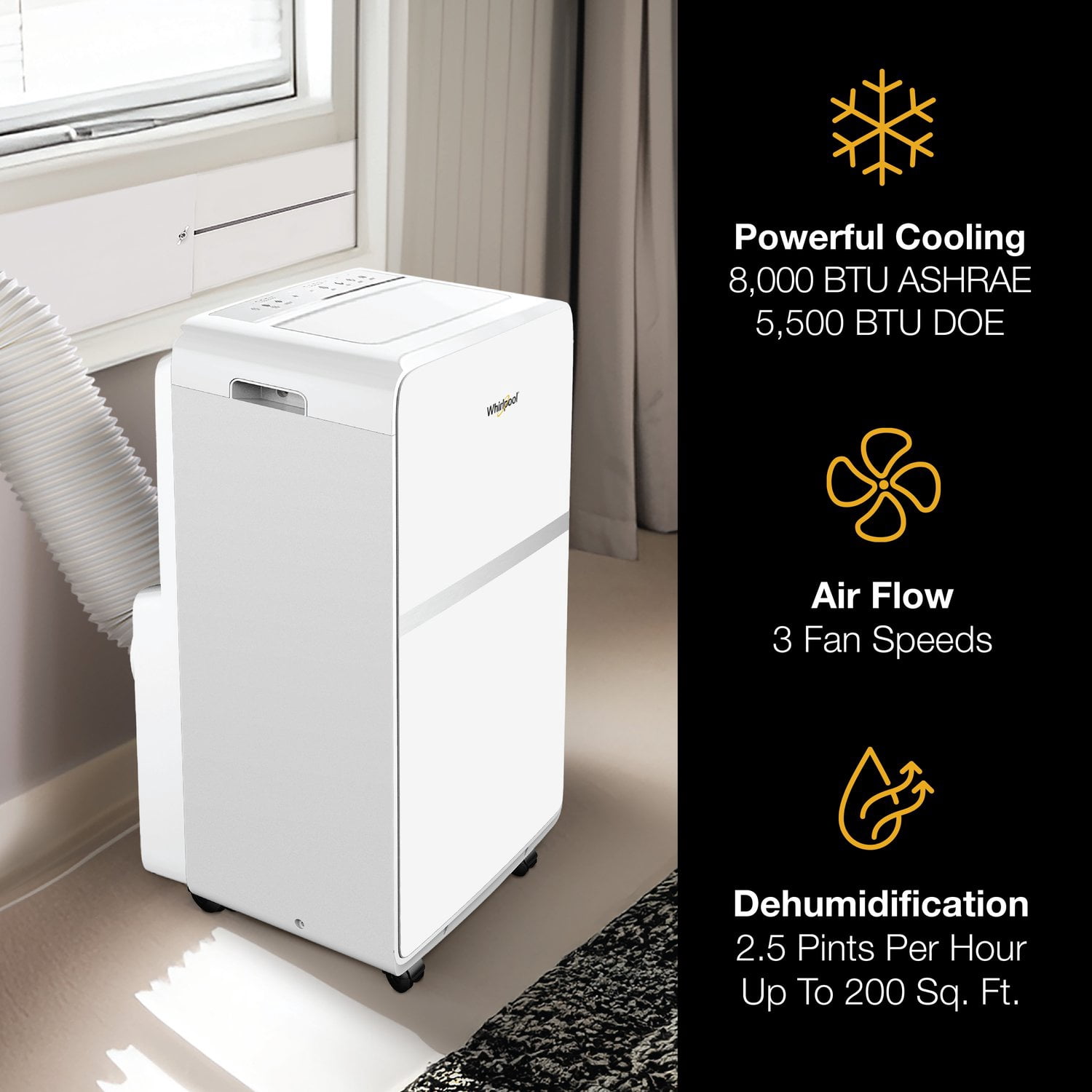 Whirlpool Portable Air Conditioner with Dehumidifier and Remote Control (White, 5,500 BTU DOE) mjxg3