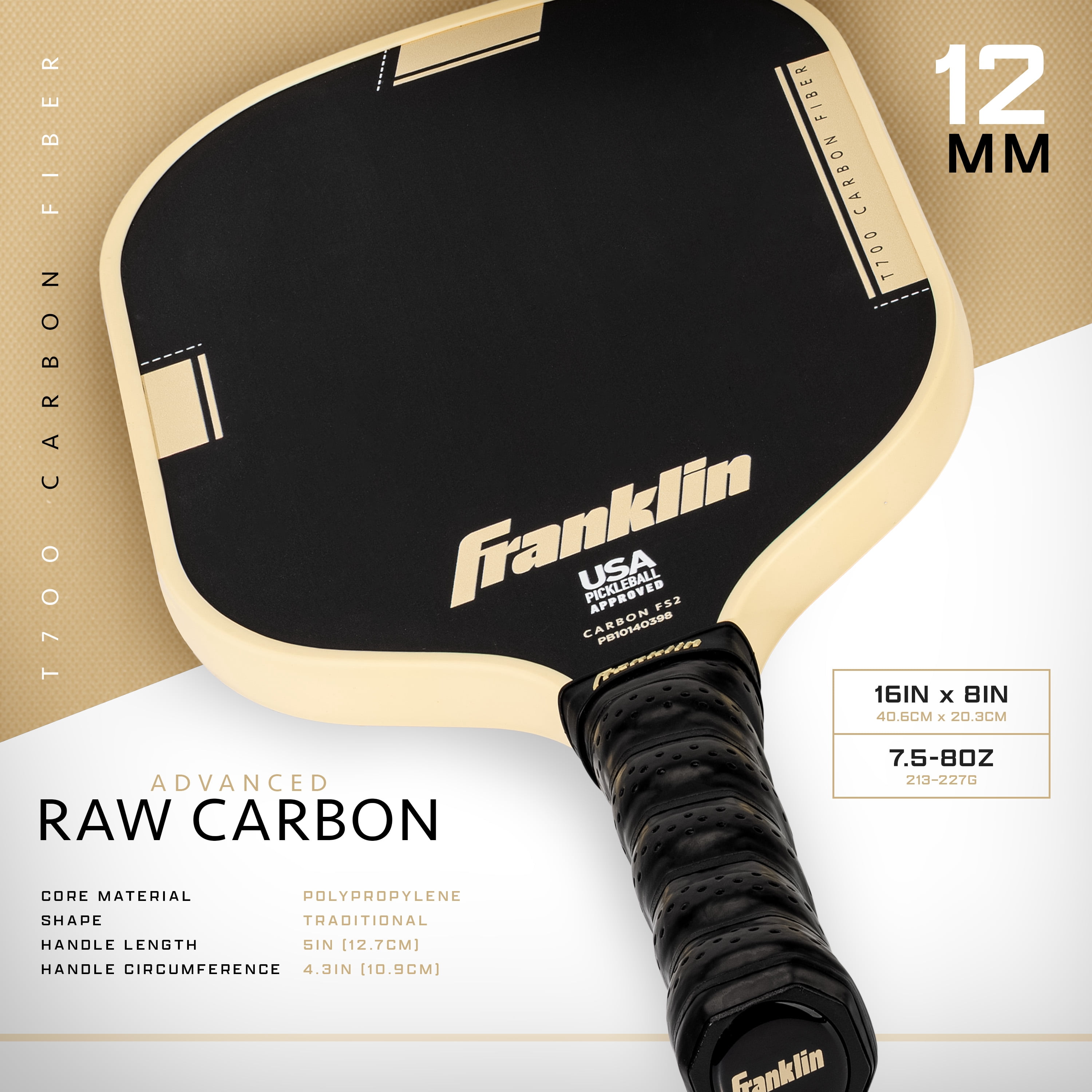 Franklin Sports Pickleball Paddle, T700 Carbon Fiber Surface, USA Pickleball Approved (Black/Cream, 8 oz) h3fj0