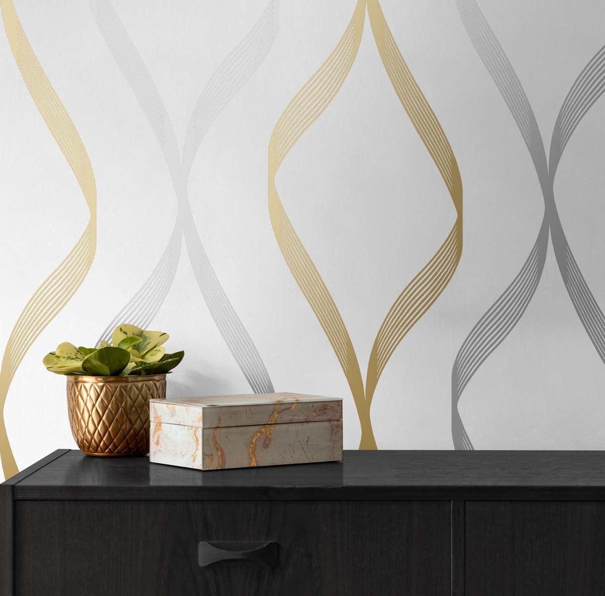 NextWall Ogee Ribbon Peel and Stick Wallpaper (Silver and Gold, 20.5 in. x 18 ft.) xie6h