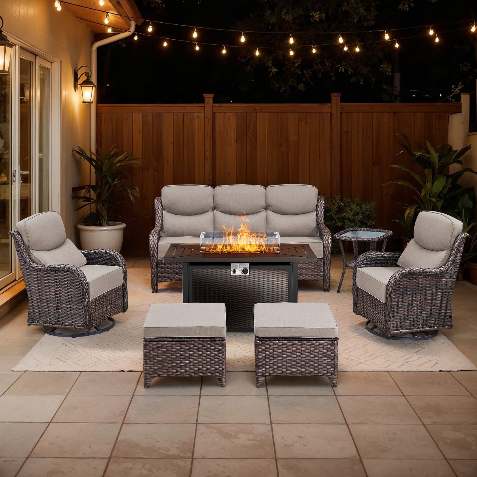 Bellefurn 7-Piece Patio Furniture Set with Fire Pit Table, Swivel Rockers, Sofa, and Ottomans (Brown, 7-Piece Set) hvj5c