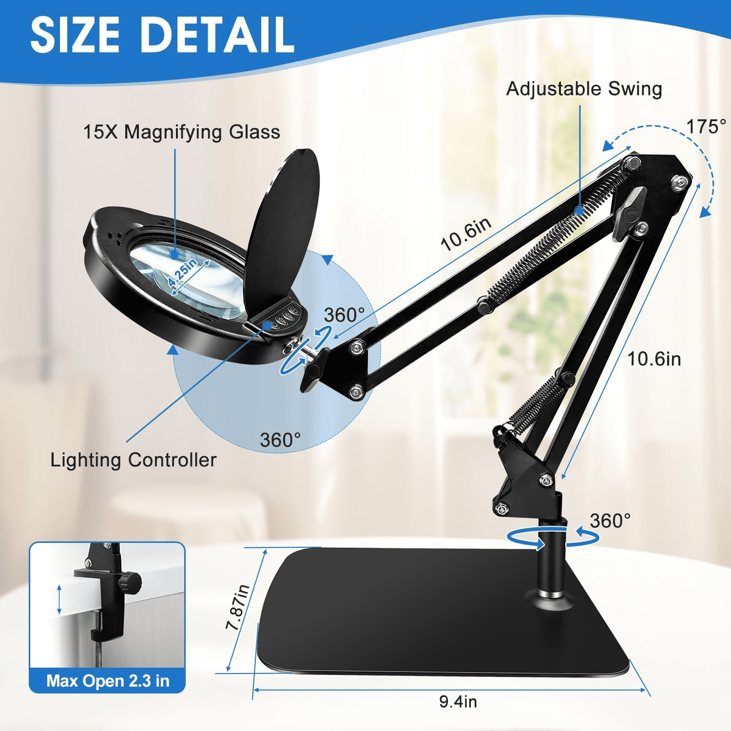 Gefolly LED Magnifying Desk Lamp with Clamp, Adjustable Swing Arm, 5 Color Modes, Stepless Dimmable (Black, 1 Unit) sbqk3