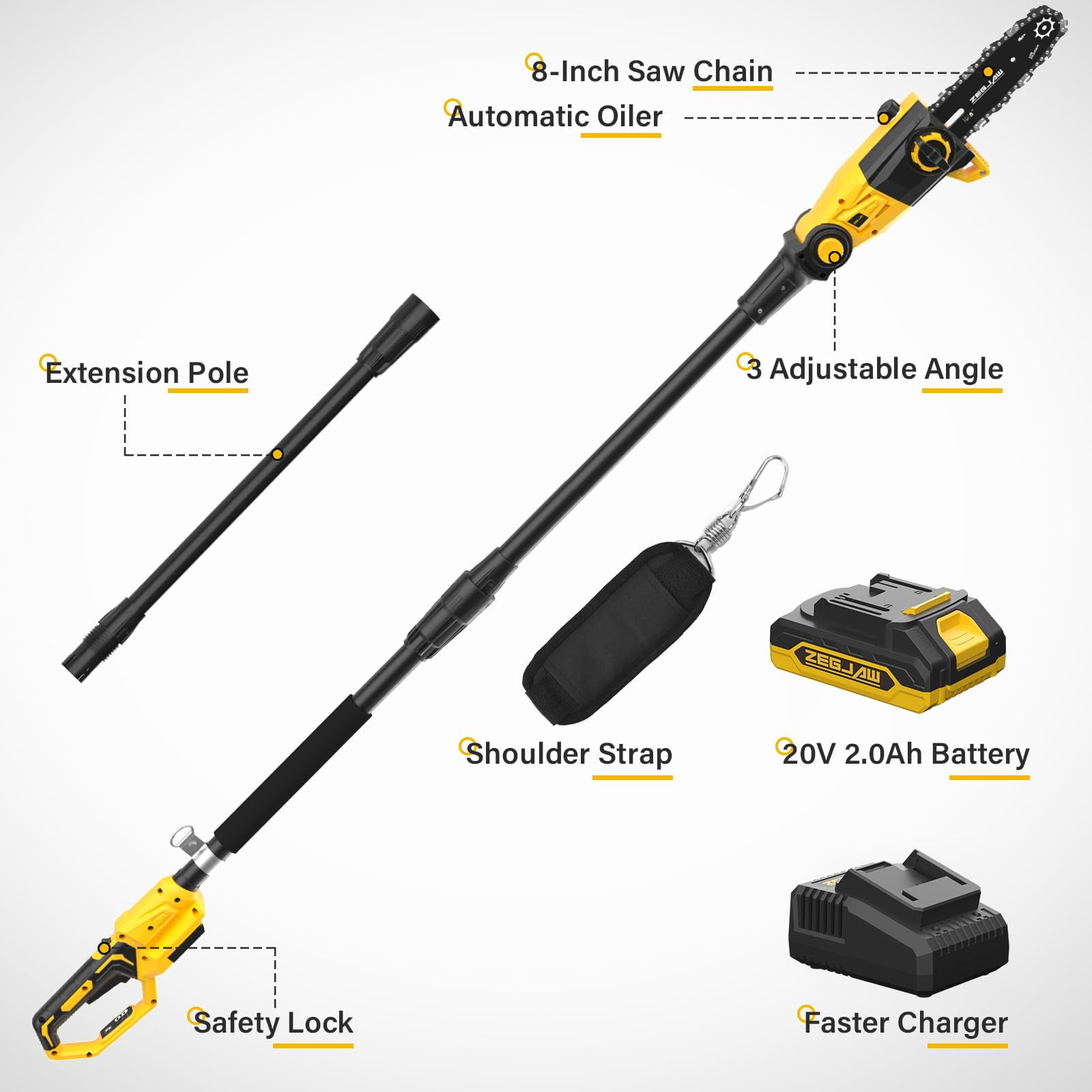 ZEGJAW Cordless Pole Saw for Tree Trimming, Electric Pruning Saw with 8 in Bar, 15 ft Max Reach (Black, 20V Battery & Charger Kit) mm5vz
