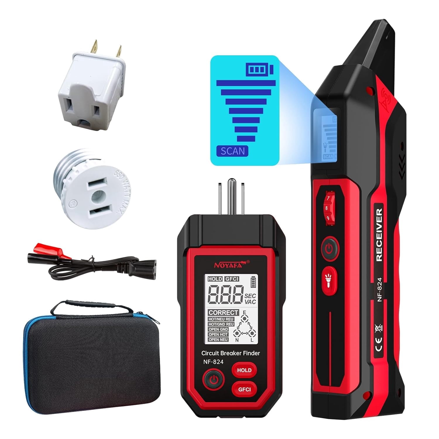 NOYAFA NF-824 Circuit Breaker Finder and GFCI Outlet Tester (Red, 1 Kit) y8olu