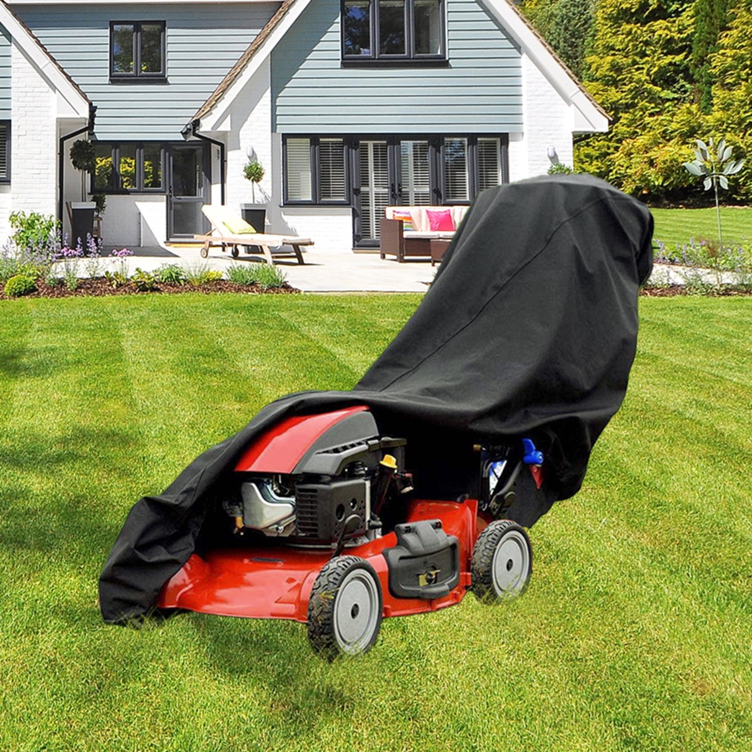 OPTUTUS Heavy-Duty Waterproof Lawn Mower Cover, UV Protection with Drawstring (Black, 75 x 26 x 43 in) xe45x