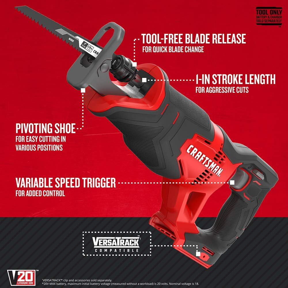 CRAFTSMAN V20 Cordless Reciprocating Saw, High-Performance Power Tool (Red, 14.5 in) hyunc