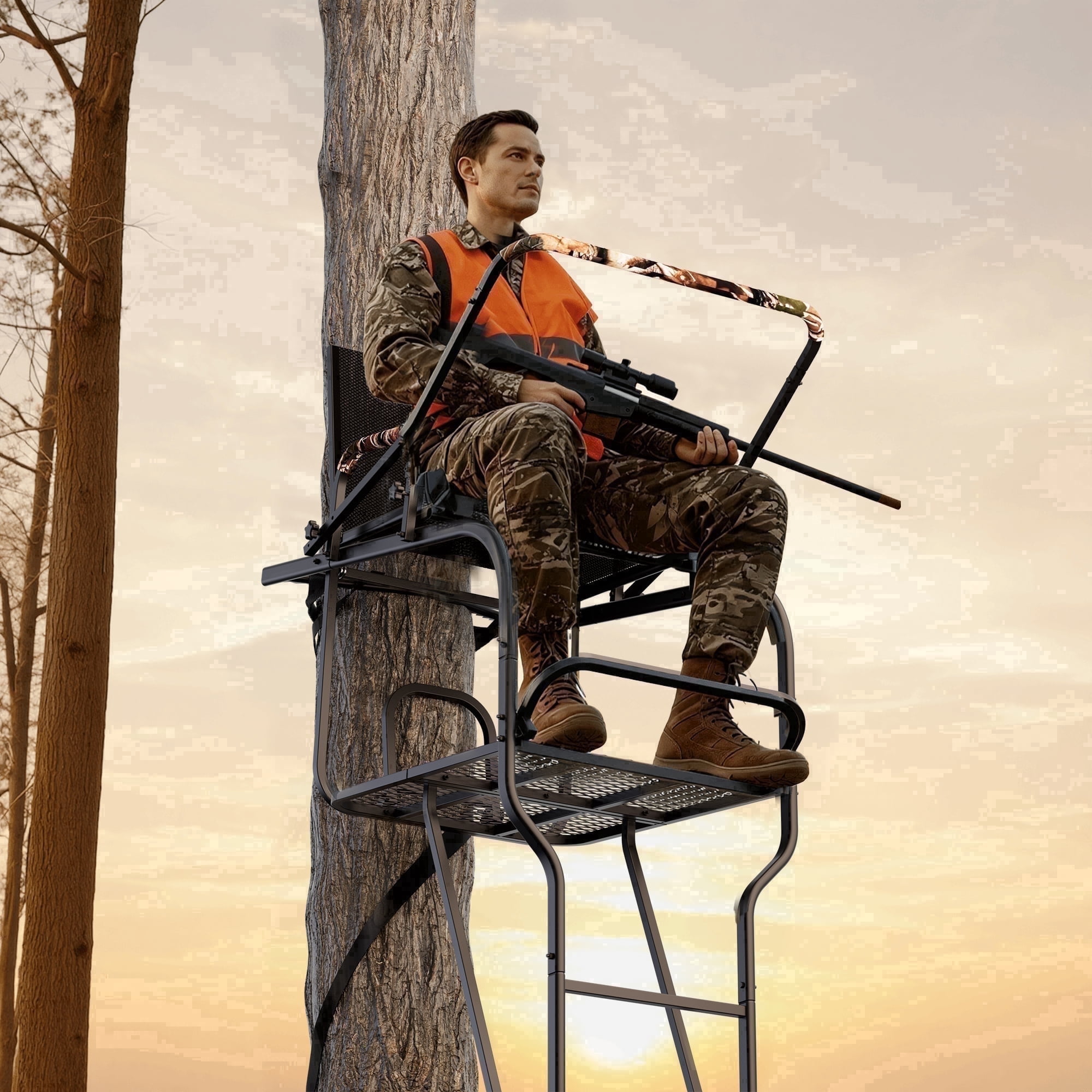 Naipo 18.7 ft Hunting Ladder Stand with Adjustable Shooting Rail and Full Body Harness (Black, 350 lb) 6g0ps