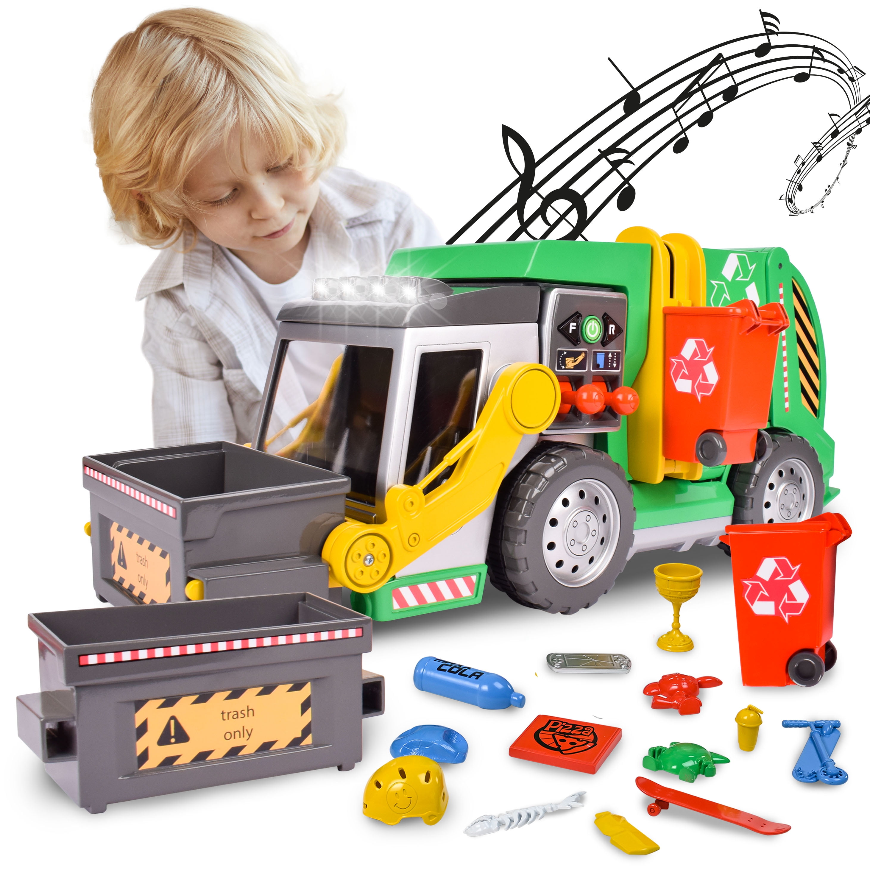 Maxx Action 3-N-1 Recycler Garbage Truck Toy with Motorized Drive, Lights, and Sounds (19 in x 9 in) s1h6f