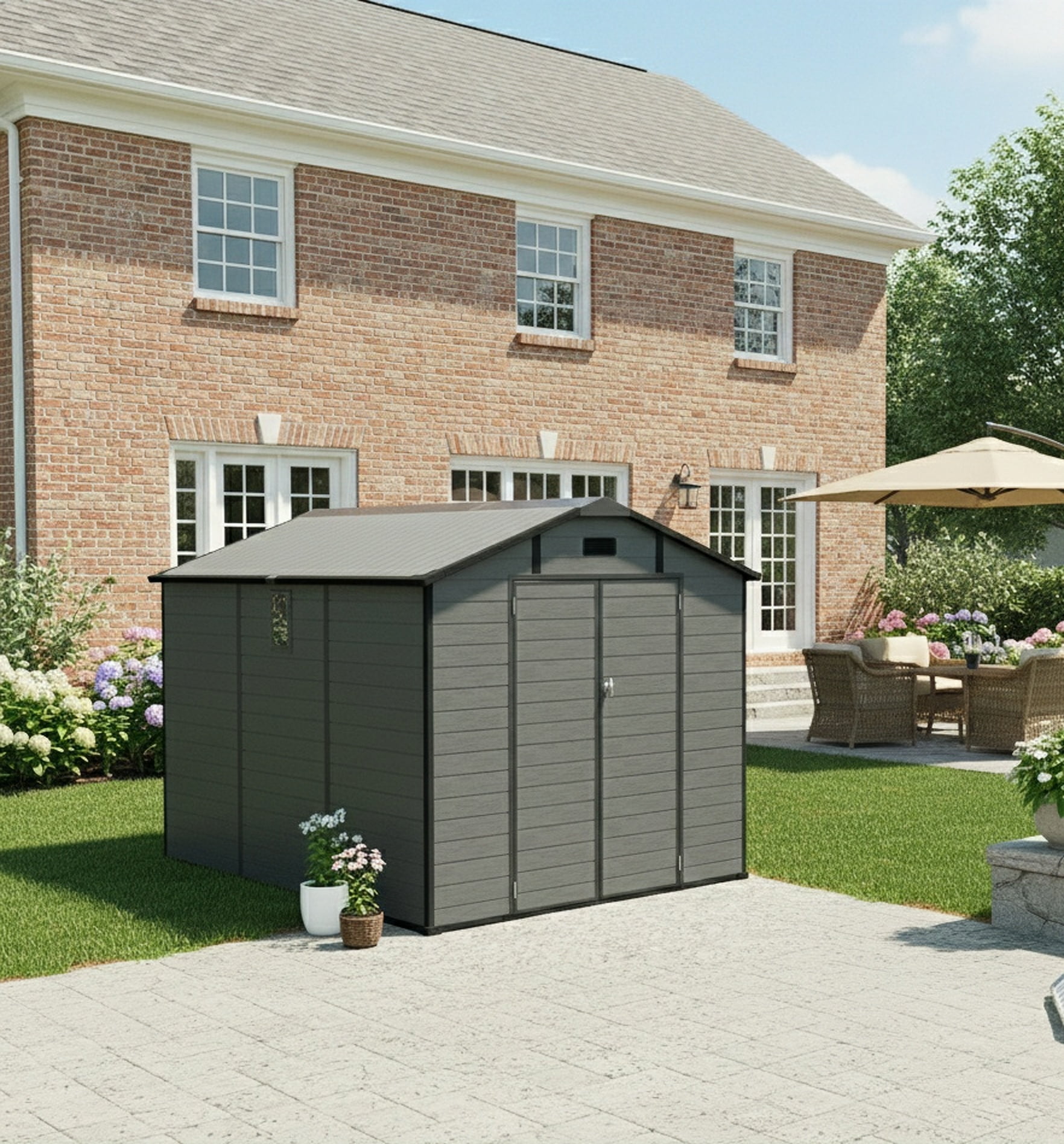 HomeMindful Large Outdoor Storage Shed, Weather-Resistant Resin Tool Shed with Floor, Skylight, and Lockable Double Doors (Dark Gray, 8x10 ft) px7hx