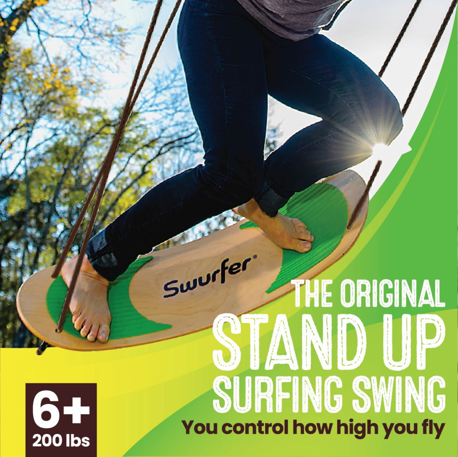 Swurfer The Original Stand Up Surfing Swing, Wooden Outdoor Backyard Swing (Natural Wood, 200 lb Capacity) gt91j