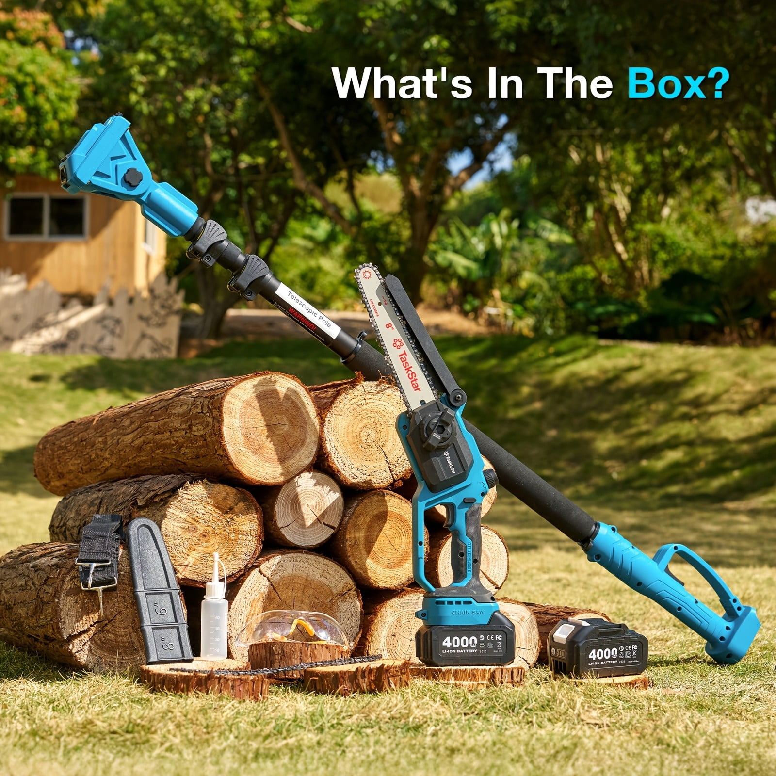 TaskStar 2-in-1 Cordless Pole Saw and Mini Chainsaw, 8 in Electric Handheld Pruning Tool (Blue, 15 ft Reach) j7rzr