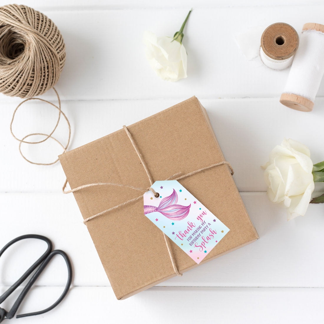 Koyal Wholesale Mermaid Birthday Party Favor Gift Tags with String (White, 50 Pack) w70lp