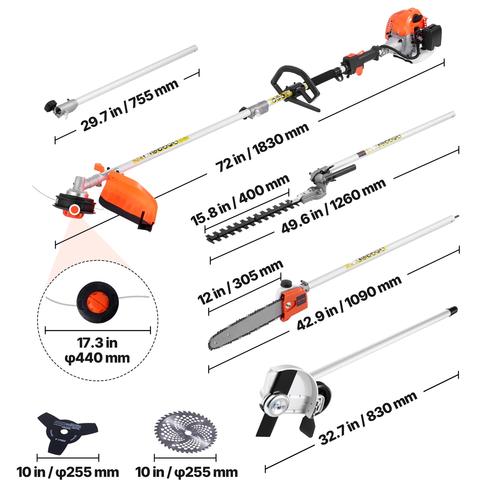 KFFKFF 6-in-1 Gas-Powered Multi-Functional Garden Tool Set, Hedge Trimmer with Extension Pole (1 Kit) j42sh