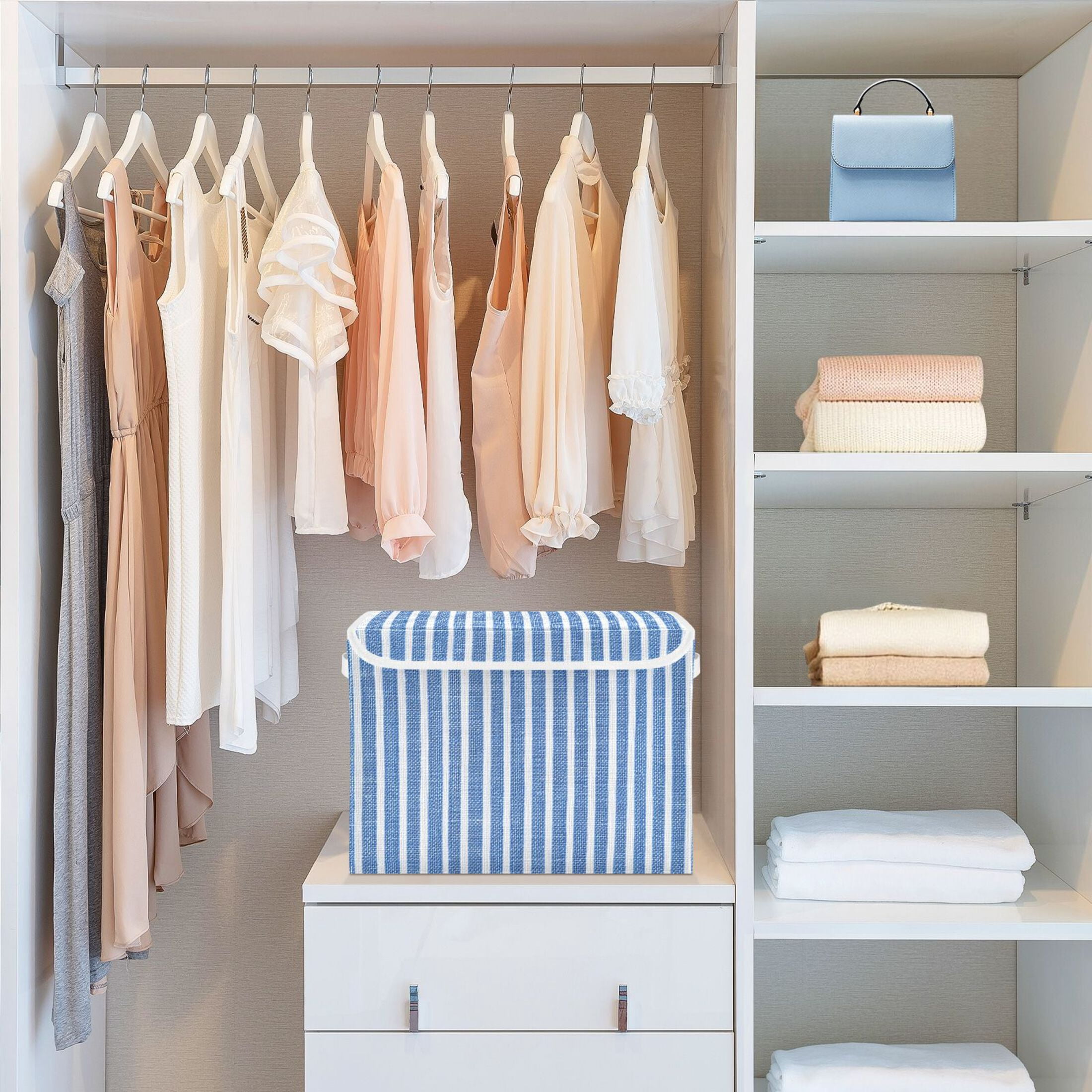 Booyaa Striped Fabric Storage Bin with Lid and Handles (Blue and White, 16.5 x 12.6 x 11.8 in) uyxy8