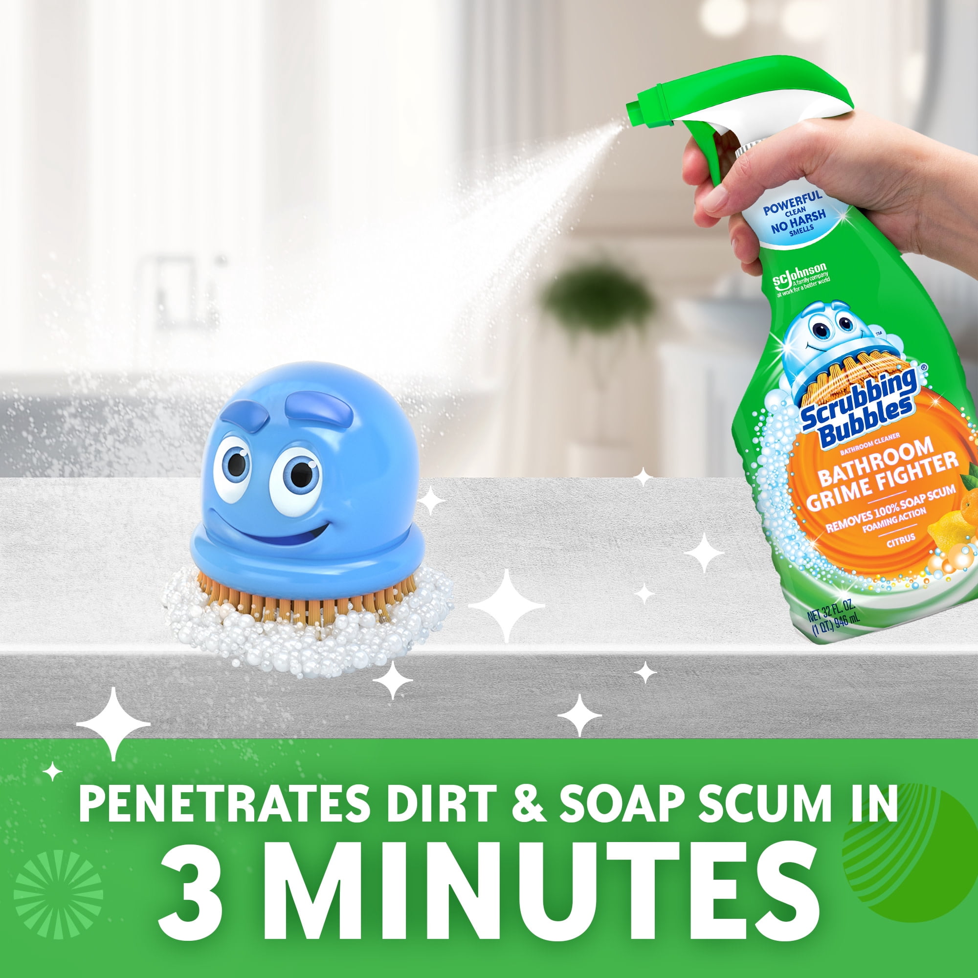 Scrubbing Bubbles Bathroom Grime Fighter Disinfectant Spray, Multi-Surface Cleaner (Citrus, 32 oz) y24yi