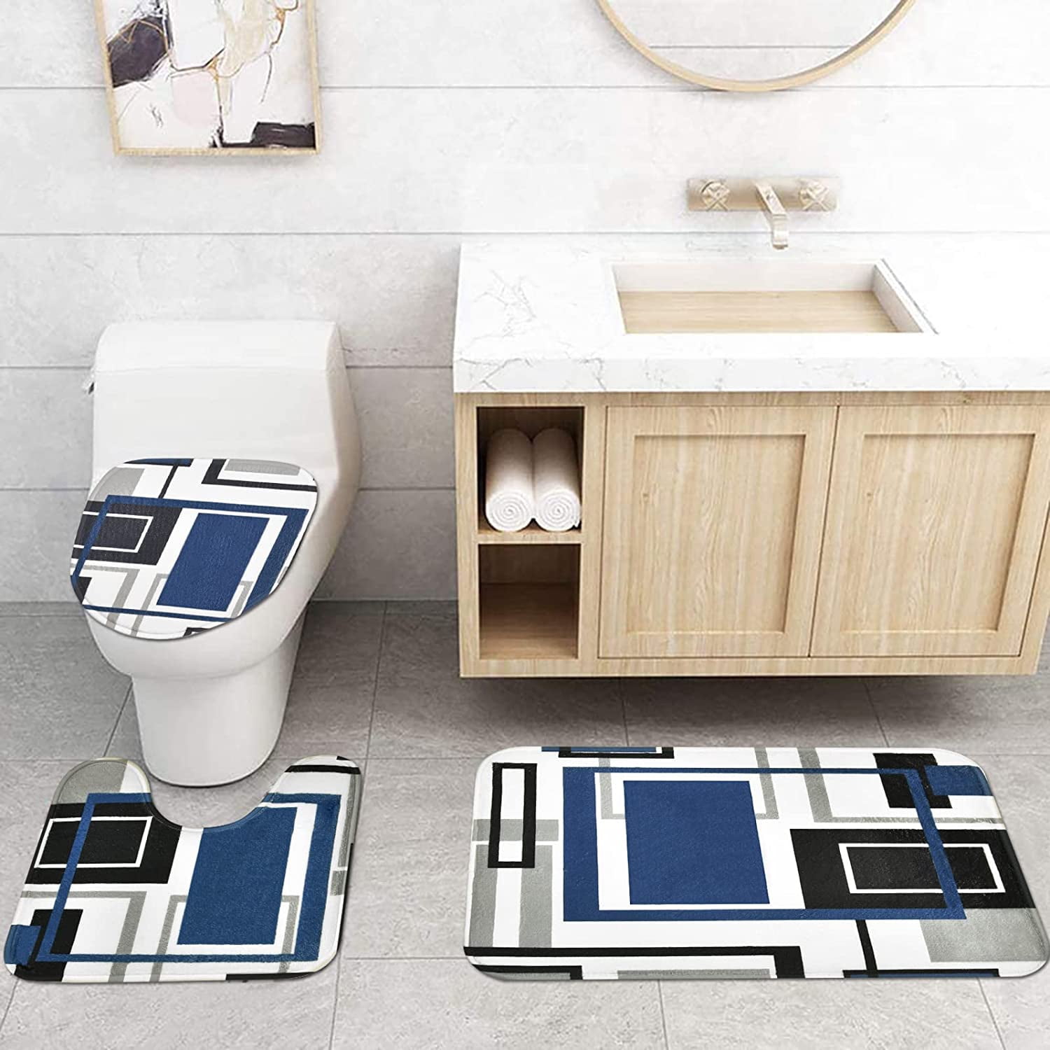 FRAMICS Geometric Shower Curtain Set with Rugs and Hooks (Blue, 16 Piece Set) a301f - Image 3