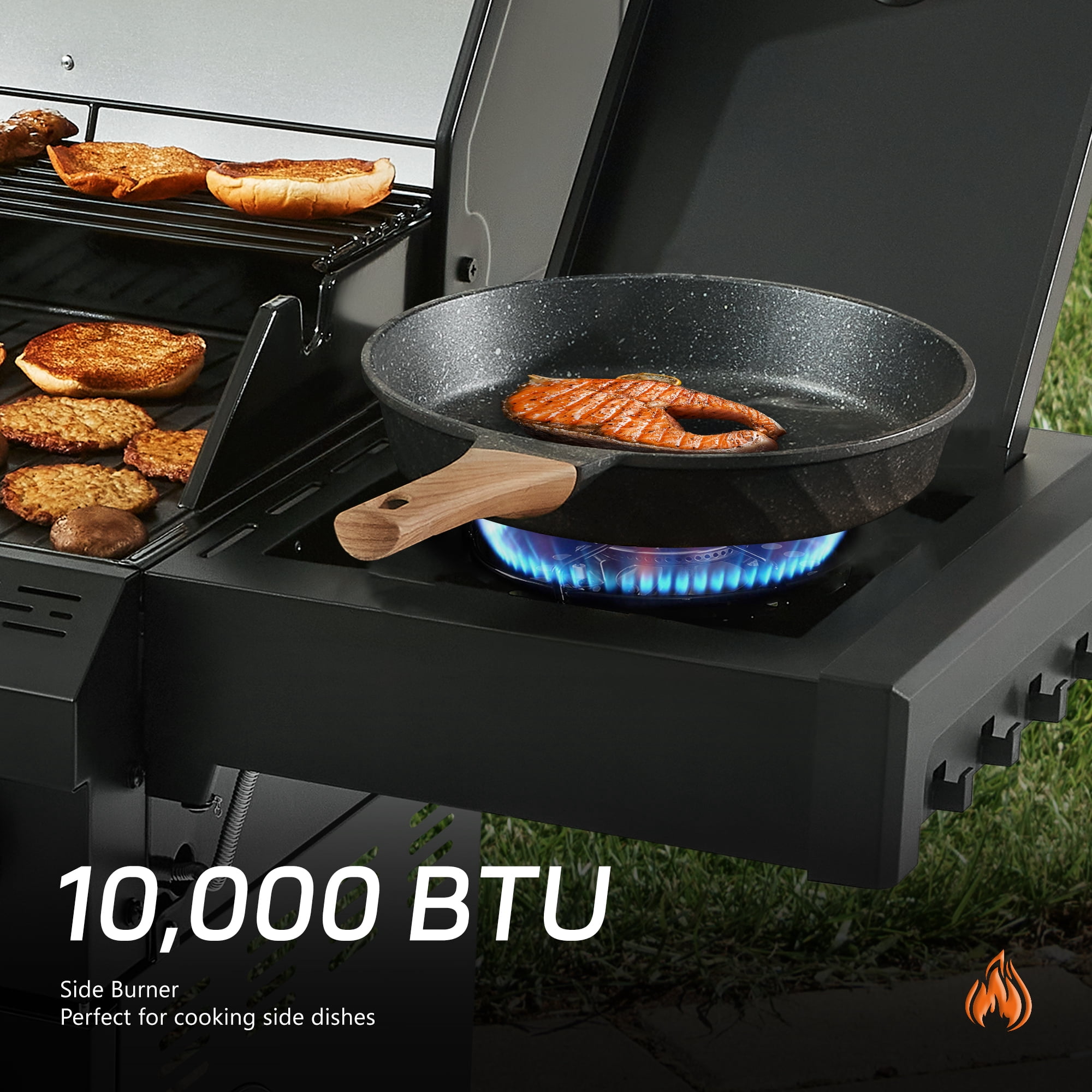 MAISON BACKYARDS 4-Burner Propane Gas Grill with Side Burner, 50,000 BTU Outdoor BBQ Grill with Cast Iron Grates and Griddle (Black, 480 sq. in.) b9ijy
