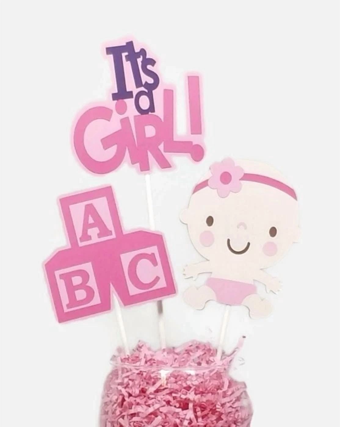 KLYNE Baby Girl Shower Centerpiece Sticks Cake Toppers (Baby Blocks, 12 in) eza46