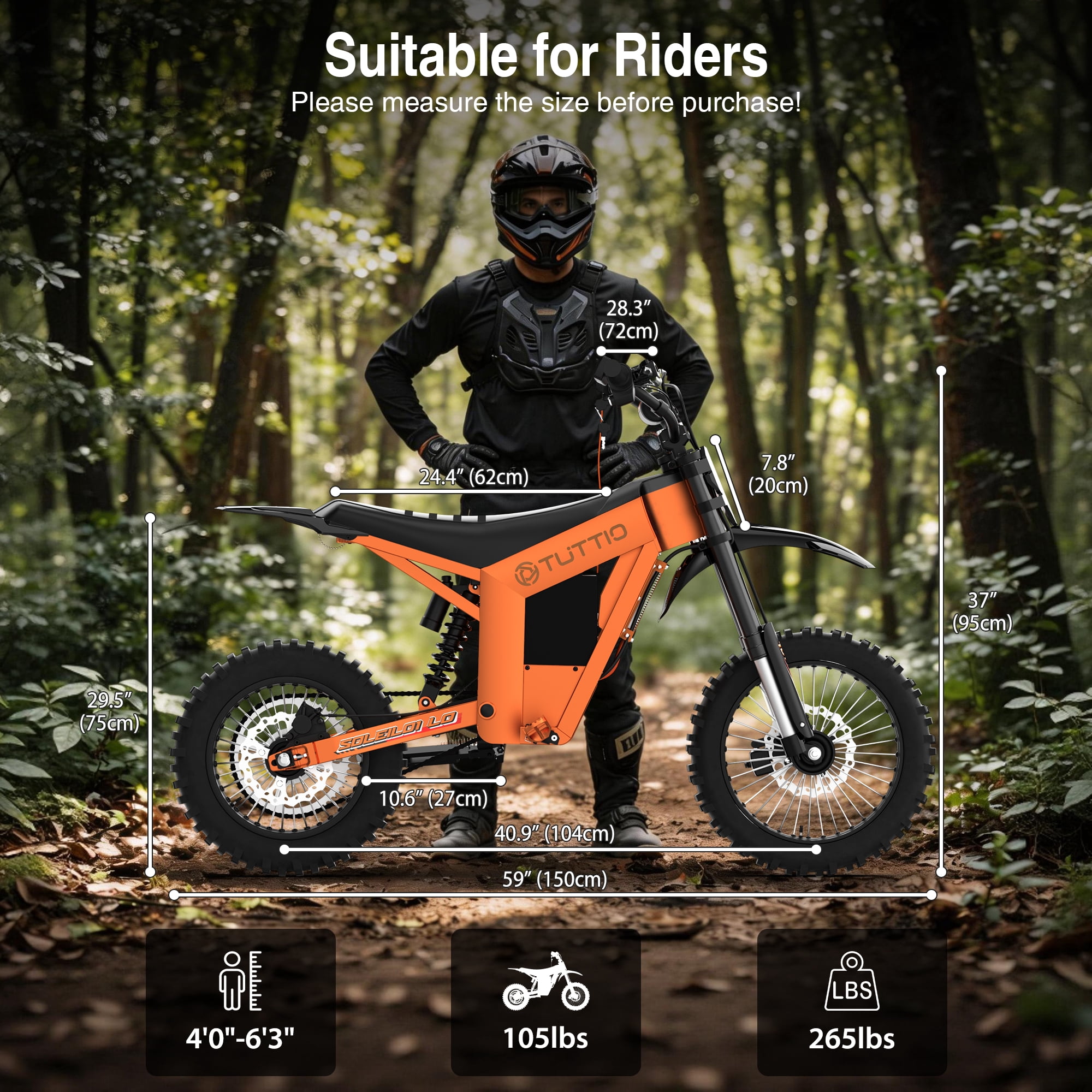 TUTTIO Soleil01 LO 3000W Electric Dirt Bike, High-Torque Off-Road E-Motorcycle, UL 2849 Certified (Orange, 330 lb Max Load) wvjlj