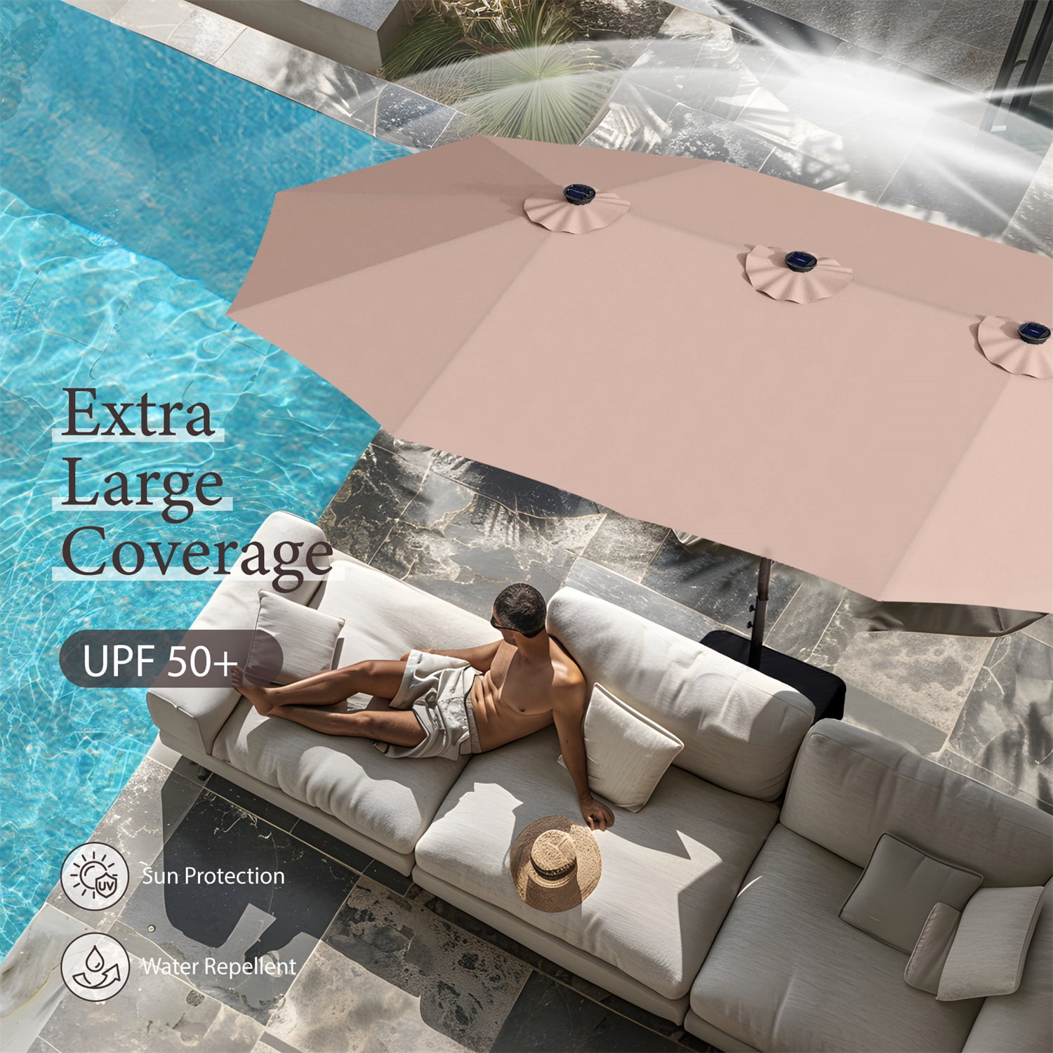 Summit Living 15ft Double-Sided Solar Patio Umbrella with LED Lights and Base (Beige, 15 ft) lu4o0