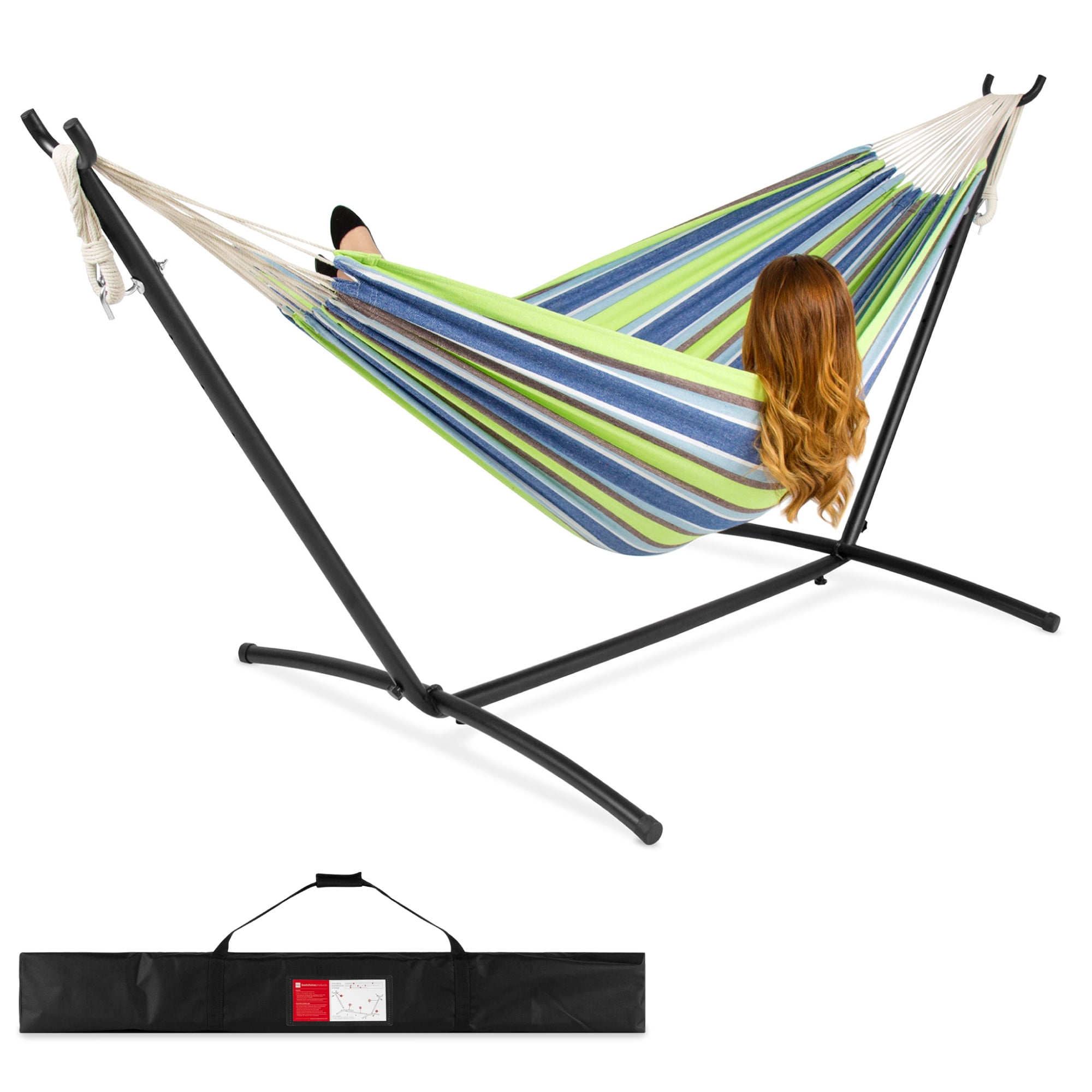 Best Choice Products 2-Person Brazilian-Style Cotton Double Hammock with Stand Set (Blue/Green Stripes, 118.75 in x 48 in x 43 in) fdnpw