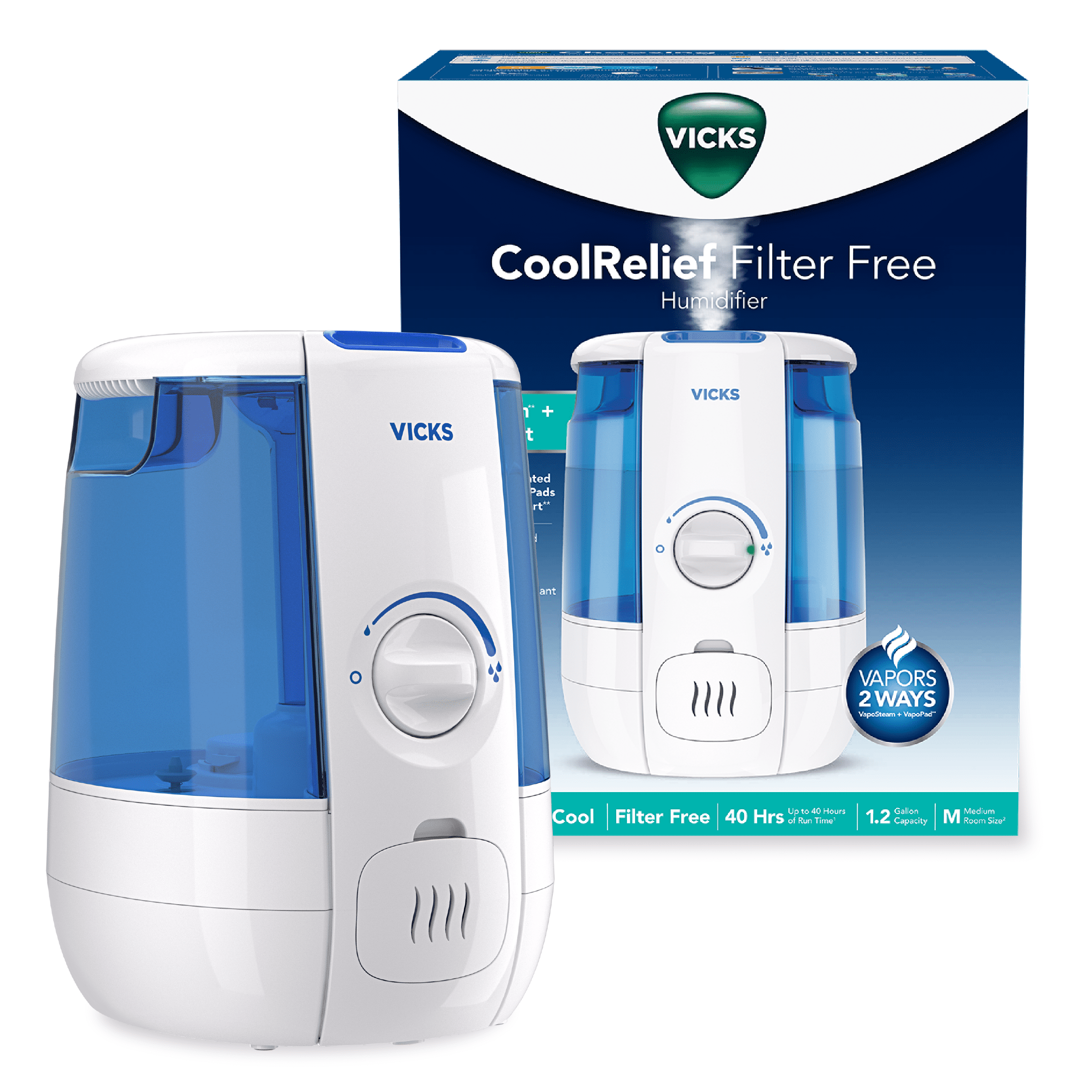 Vicks Cool Relief Ultrasonic Humidifier, Filter-Free Quiet Operation for Bedroom (White, 1.2 gal) v4wzq