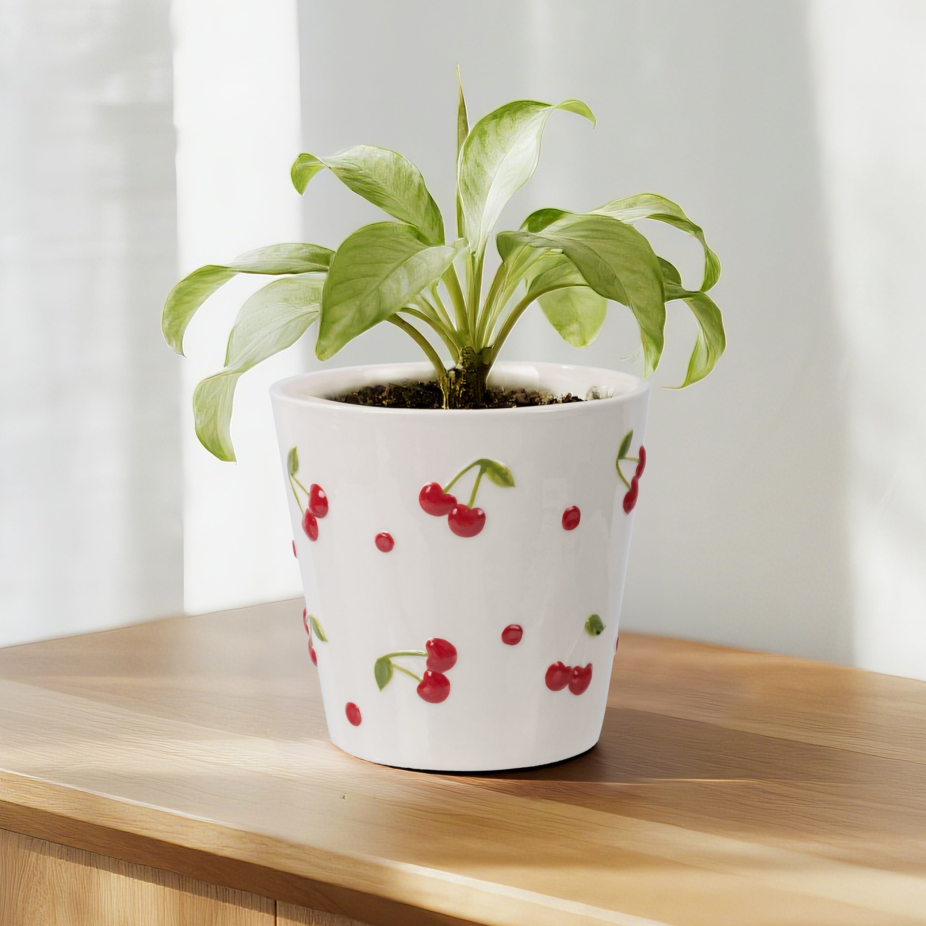 Mainstays Ceramic Cherry Planter Decorative Indoor Flower Pot (Cream and Red, 6.25 in x 6 in) kfrnd