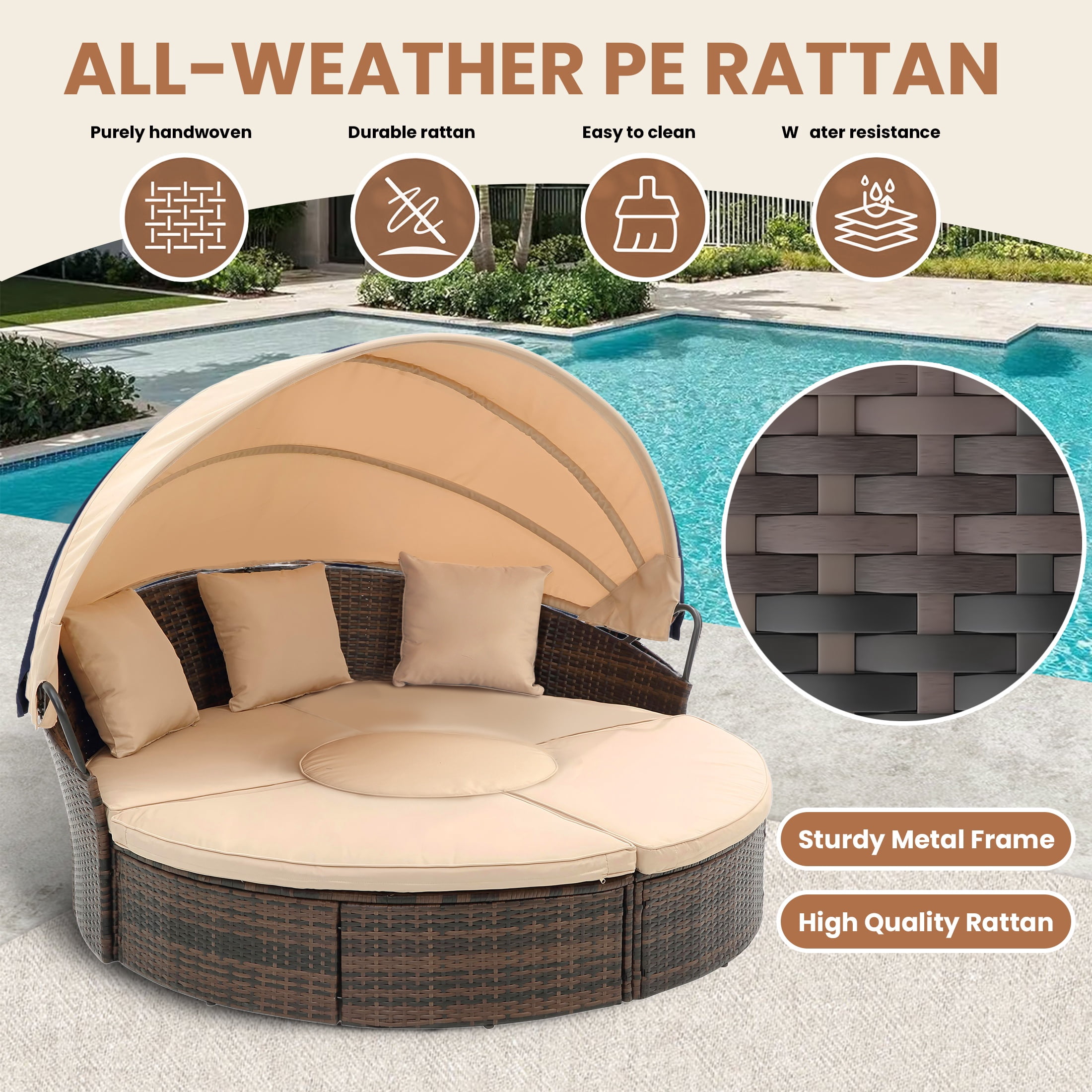 Seizeen 4-Piece Outdoor Patio Daybed with Retractable Canopy, Rattan Wicker Sectional Conversation Set with Lifting Ottoman Table (Khaki, 4-Piece) rnj6u