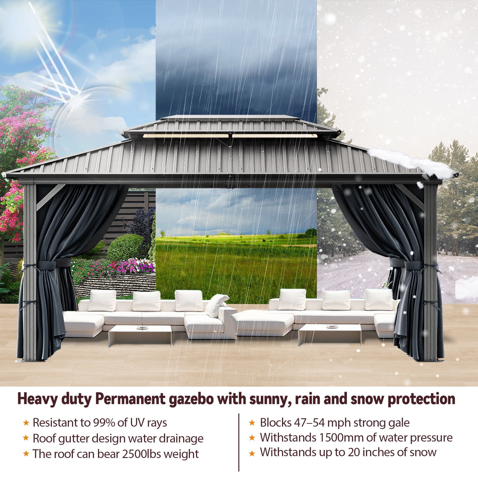 COBIZI Hardtop Gazebo with Netting and Curtains, Outdoor Aluminum Canopy for Backyard and Patio (Black, 10x15 ft) s97f0