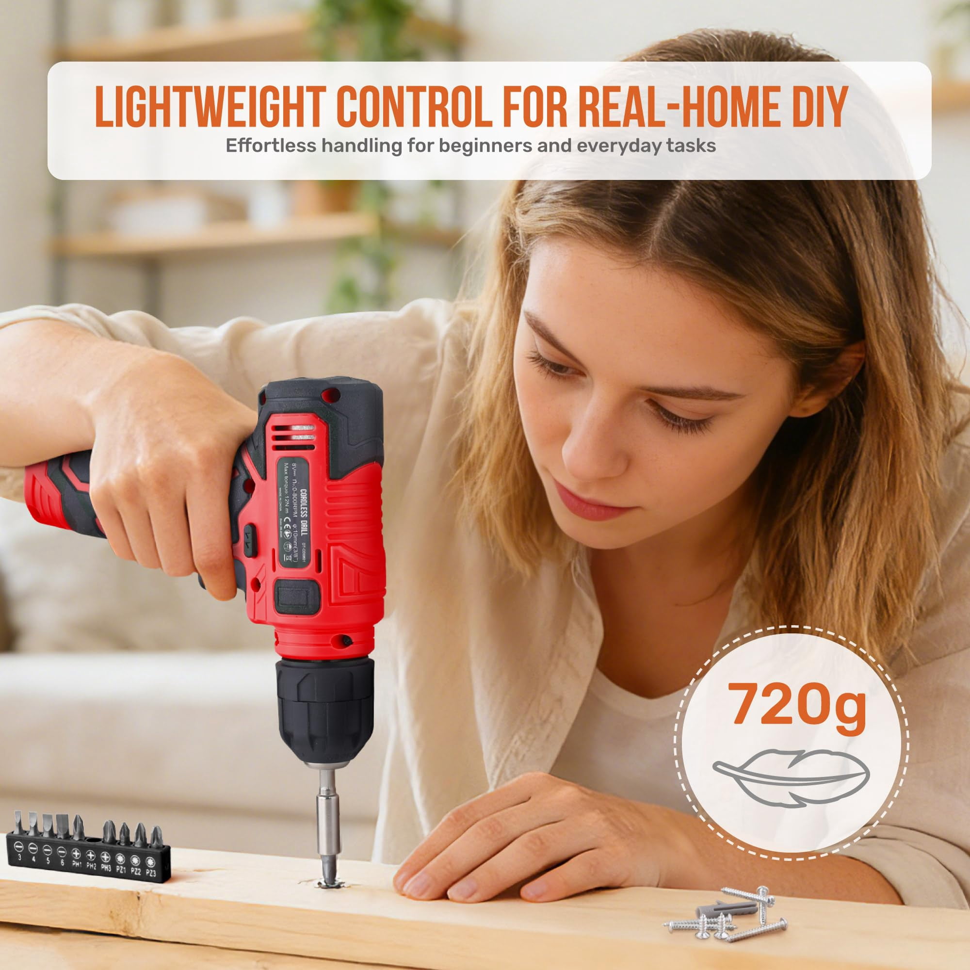 Generic 8V Cordless Drill Set and Starter Tool Kit (Red, Compact) cq8vw