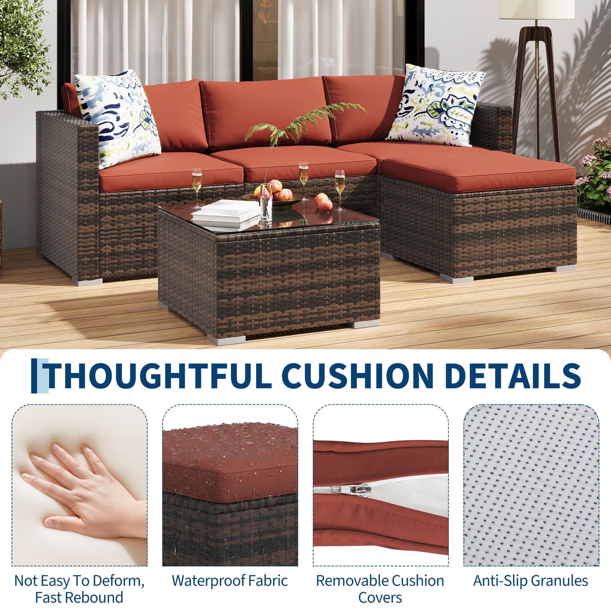 EliteEdge 5-Piece All-Weather PE Rattan Patio Sofa Set, Modular Outdoor Furniture with Tempered Glass Table and Waterproof Cushions (Brown Rattan, Light Grey Cushion, 5-Piece Set) i6xq3